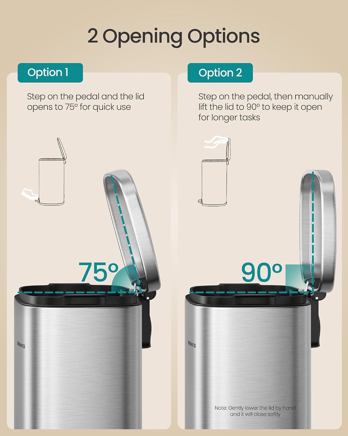 Detalle de SONGMICS LTB050E01 50 L kitchen pedal bin with soft close lid and inner bucket
