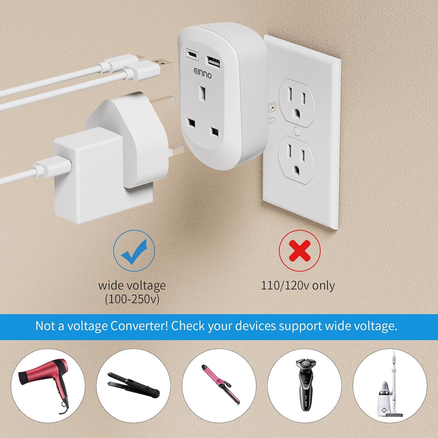 Detalle de EINNO UK to US Plug Adaptor 3-in-1 with USB-C & USB-A (Type B) for US, Canada, Mexico and more