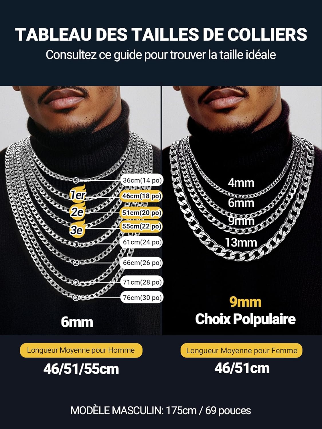 Thumbnail 5 de PROSTEEL Collier Homme Chaine Acier Inoxydable – Maillons Cubains 9 mm avec finitions Argent, Or ou Noir (46–76 cm)