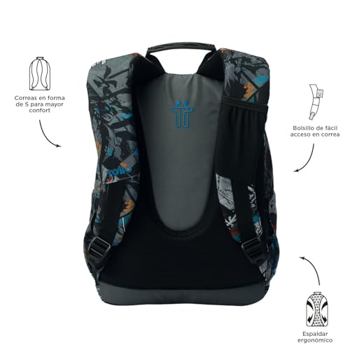 Detalle de TOTTO Mochila Escolar Gommas (Mediana, 15 L) – Espalda ergonómica, bolsillo para PC 14" y botellas