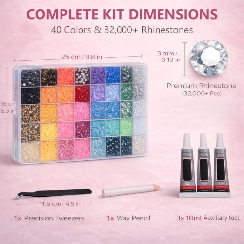 Detalle de ZOVRIXIA 40 Colors 32,000 Pcs Nail Rhinestones Kit with Glue, Pen and Tweezers