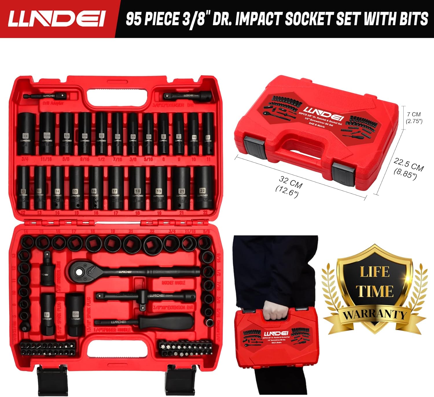 Thumbnail 2 de LLNDEI 3/8" Drive Impact Socket Set (SAE Standard + Metric, 95-Piece, 6-Point, CR-V)