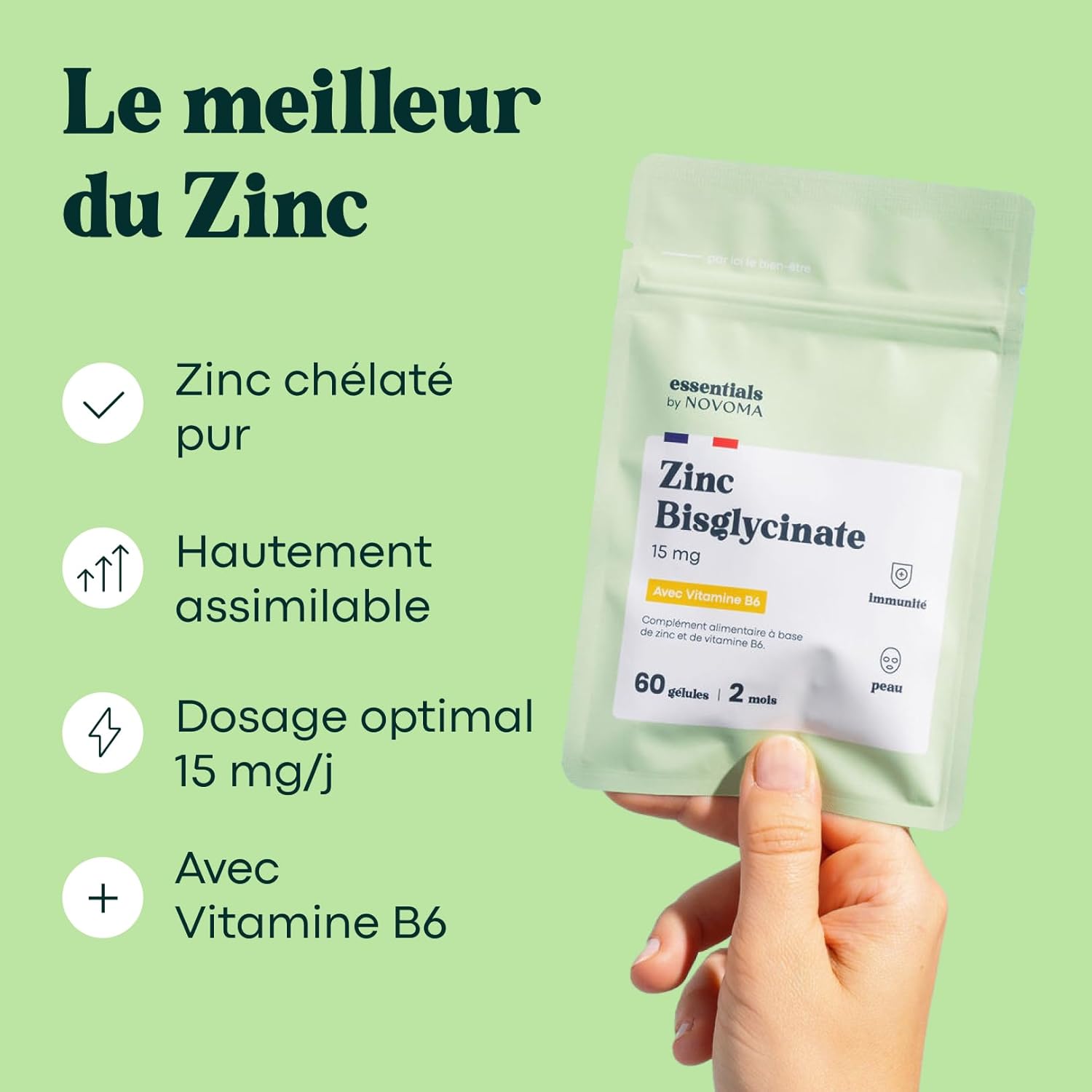 Thumbnail 2 de Zinc Bisglycinate + vitamine B6 Essentials by Novoma (60 gélules végétales) – cure de 2 mois