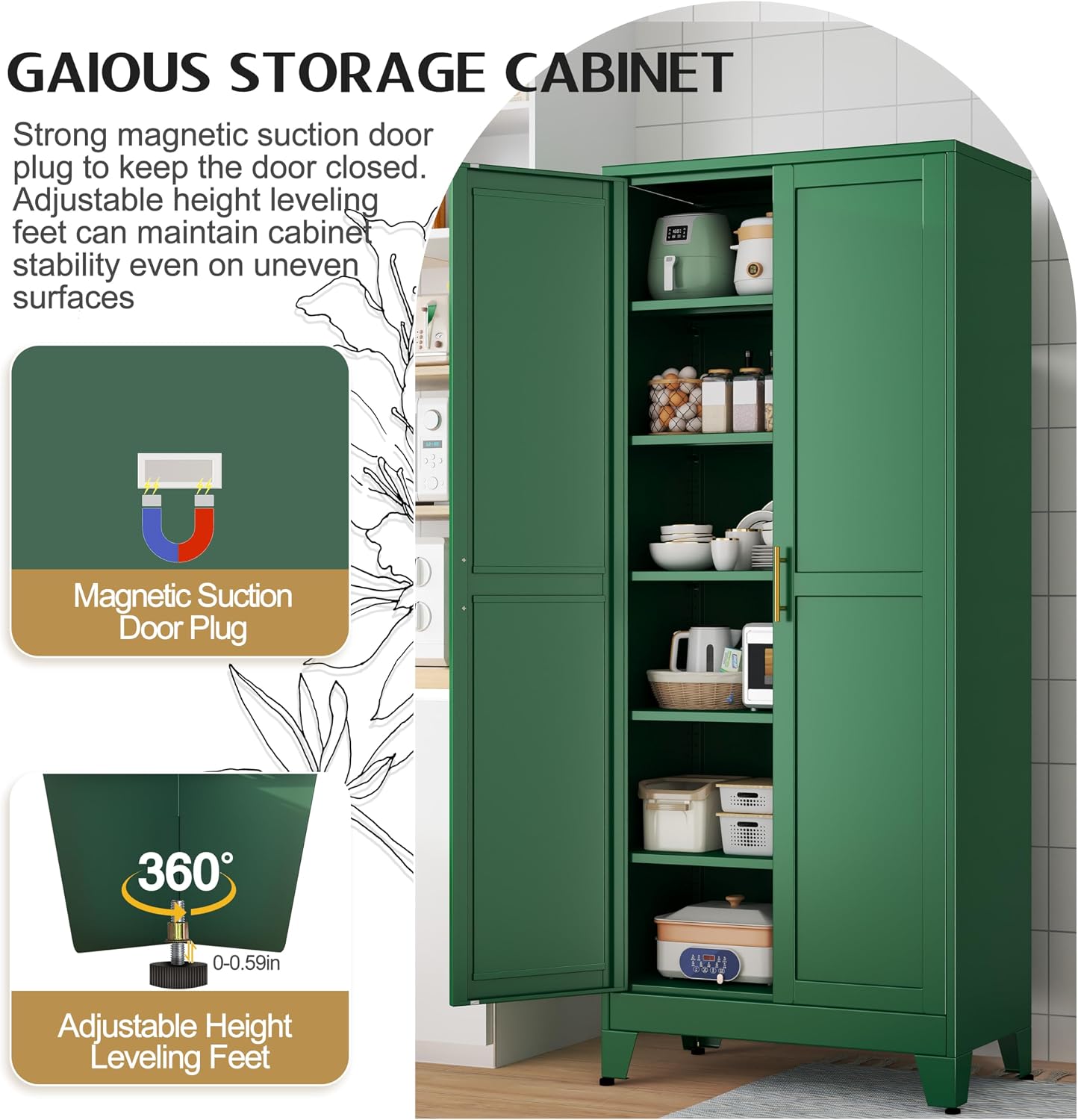 Thumbnail 4 de GAIOUS 75.2" Metal Pantry Cabinet, Green, 5 Adjustable Shelves, 2 Doors