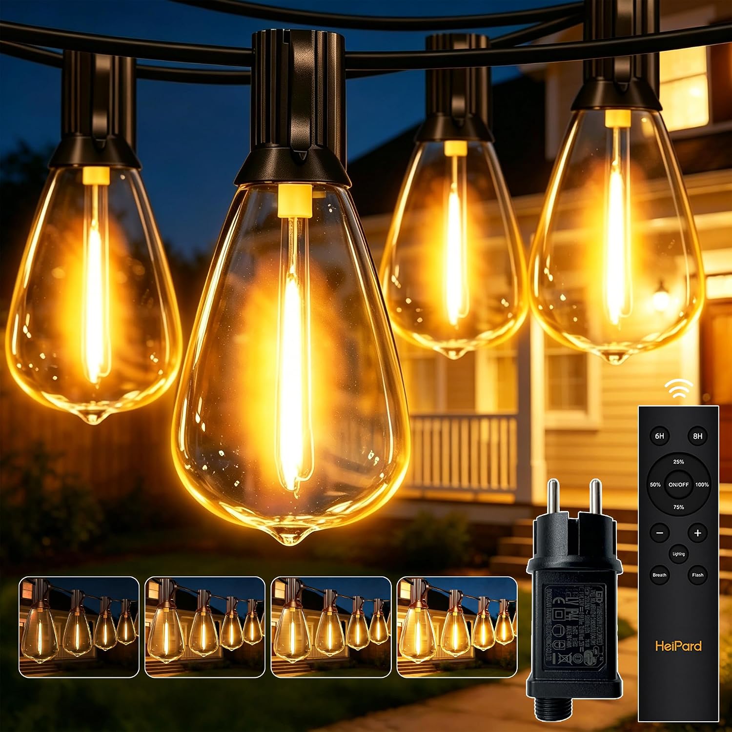 Detalle de HeiPard LED Catena Luminosa per Esterni Storm 10M con Telecomando e Timer – 15+1 Lampadine, IP45, Luce Bianca Extra Calda