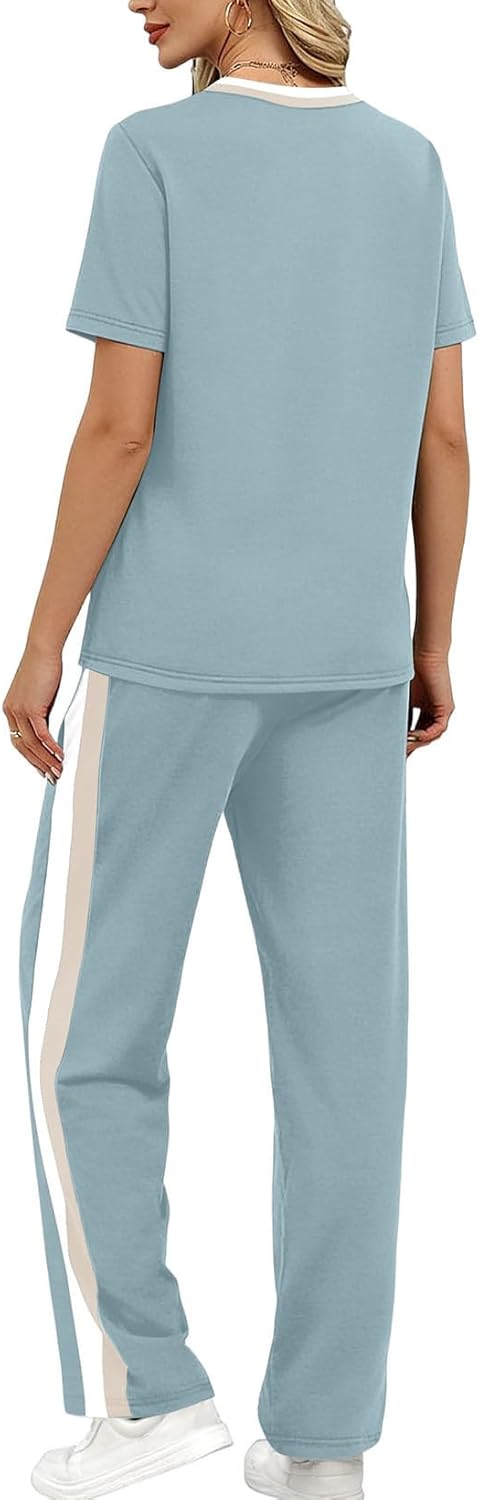 Detalle de WIHOLL 2 Piece Lounge Set for Women — Lightweight Spacer Fabric, Short Sleeve Top & Wide Leg Pants with Pockets