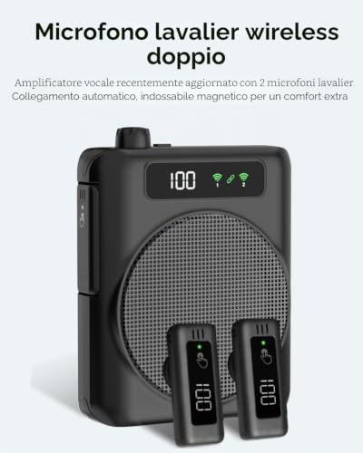 Detalle de Amplificatore vocale portatile QEEKADA con doppio microfono lavalier e Bluetooth