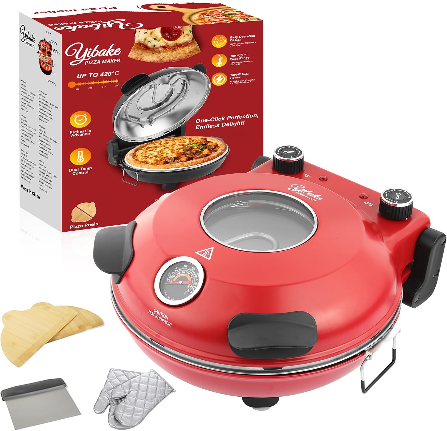 Detalle de YIBAKE Elektrischer Pizzaofen mit Pizzastein (1200 W) bis 420 °C, 31 cm – für 4-Minuten-Pizzen