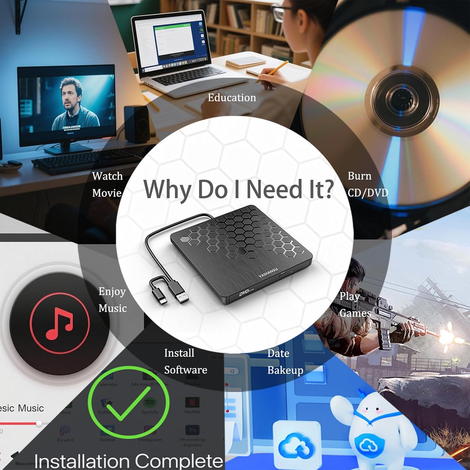 Thumbnail 6 de YADIANSU External CD/DVD Drive: Slim, USB 3.0 & Type-C Portable Reader/Writer