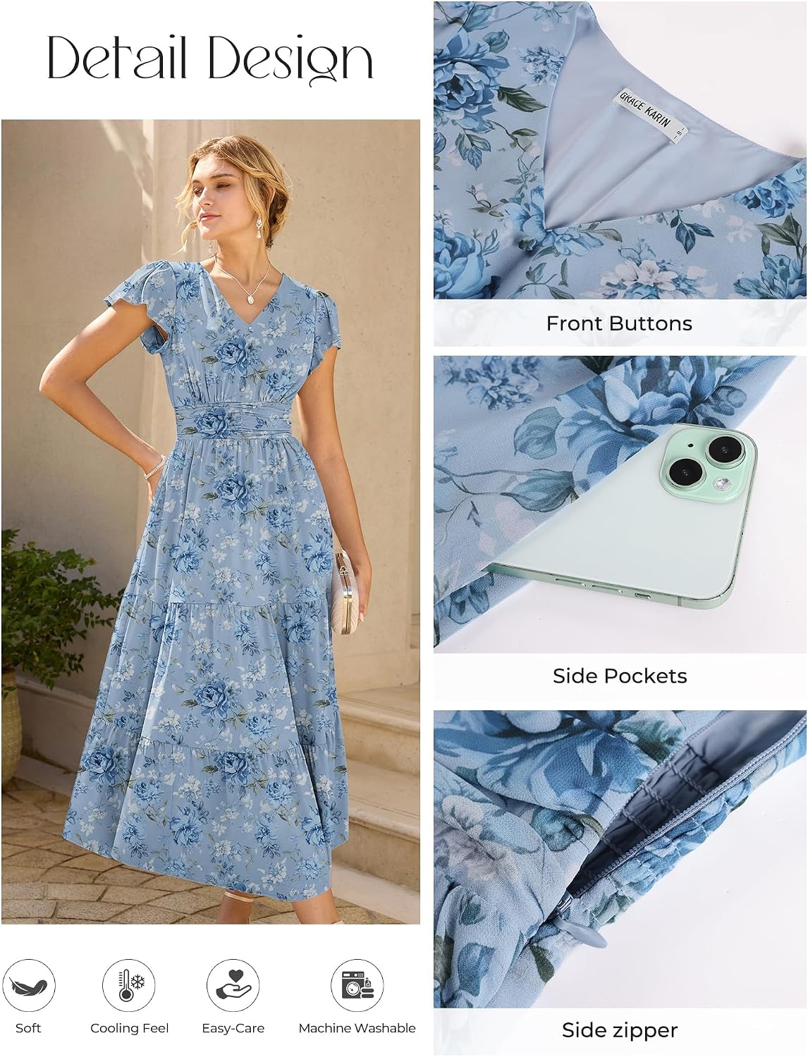 Detalle de GRACE KARIN Damen Rüschenärmel V-Ausschnitt Midikleid – A-Linie mit Blume und Taschen