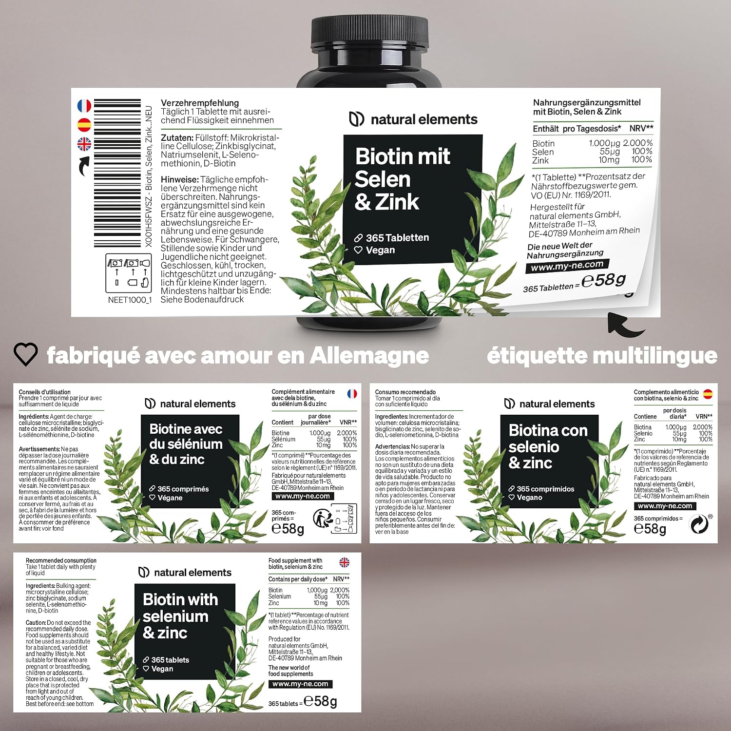 Thumbnail 4 de Complexe Biotine 365 comprimés avec zinc 10 mg et sélénium 55 µg (1 an d’approvisionnement) — Vegan