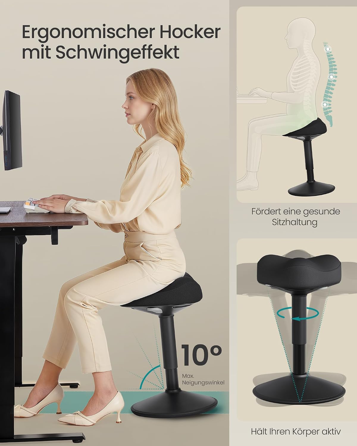Thumbnail 3 de SONGMICS Hocker OSC018BH01 – Stehhocker mit 10° Neigung, höhenverstellbar 48–65,5 cm, Anti-Rutsch-Sockel, drehbarer Sattelsitz