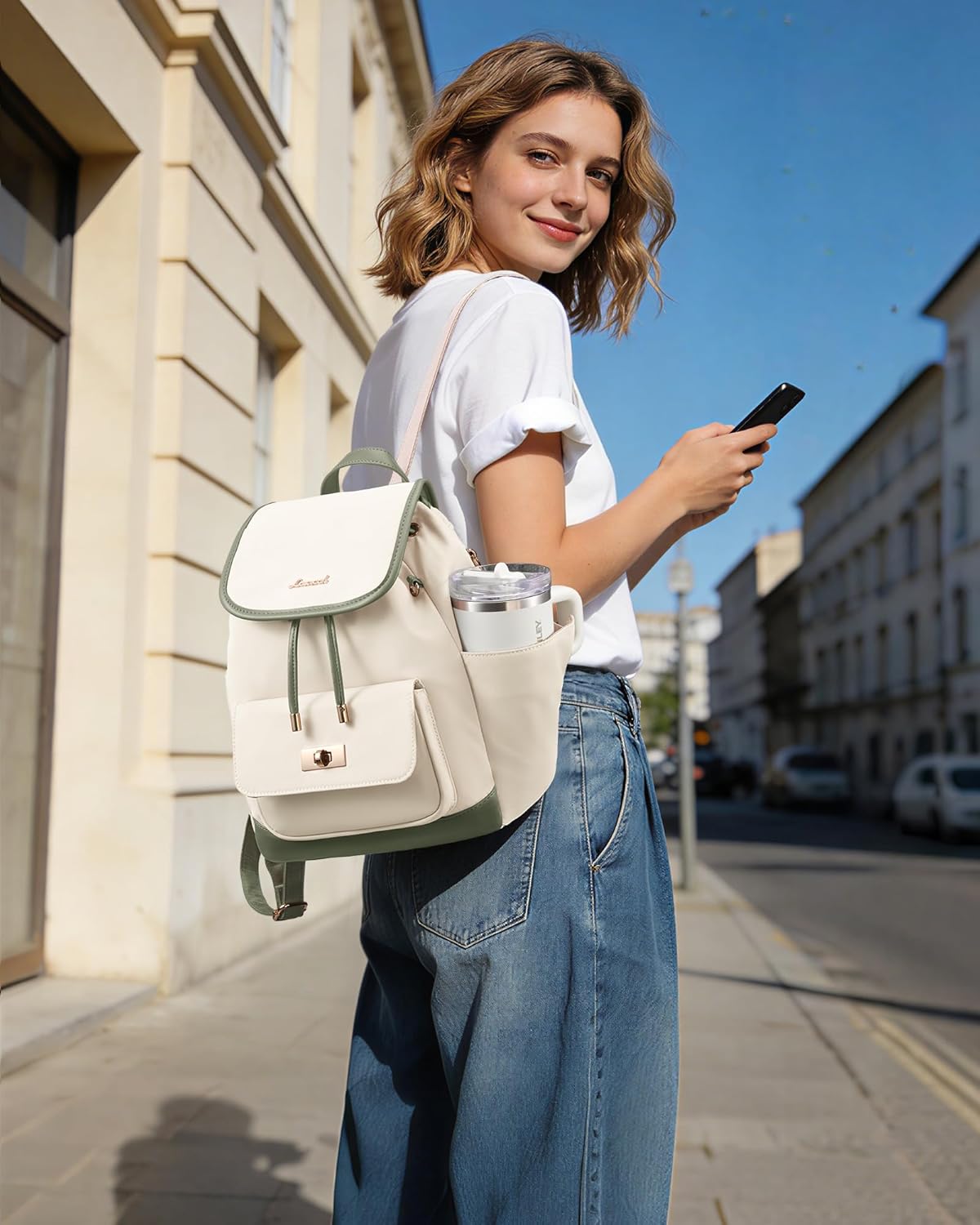 Detalle de LOVEVOOK Damen-Rucksack klein mit 11-Zoll-Fach und seitlicher Wasserflaschentasche – beige-grün