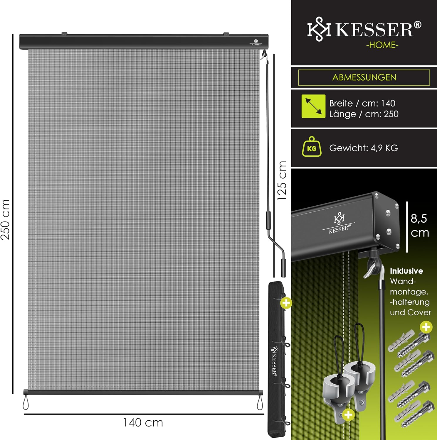 Thumbnail 6 de KESSER® Senkrechtmarkise 140x250 cm Außenrollo mit Handkurbel – Balkon- & Terrassenschutz