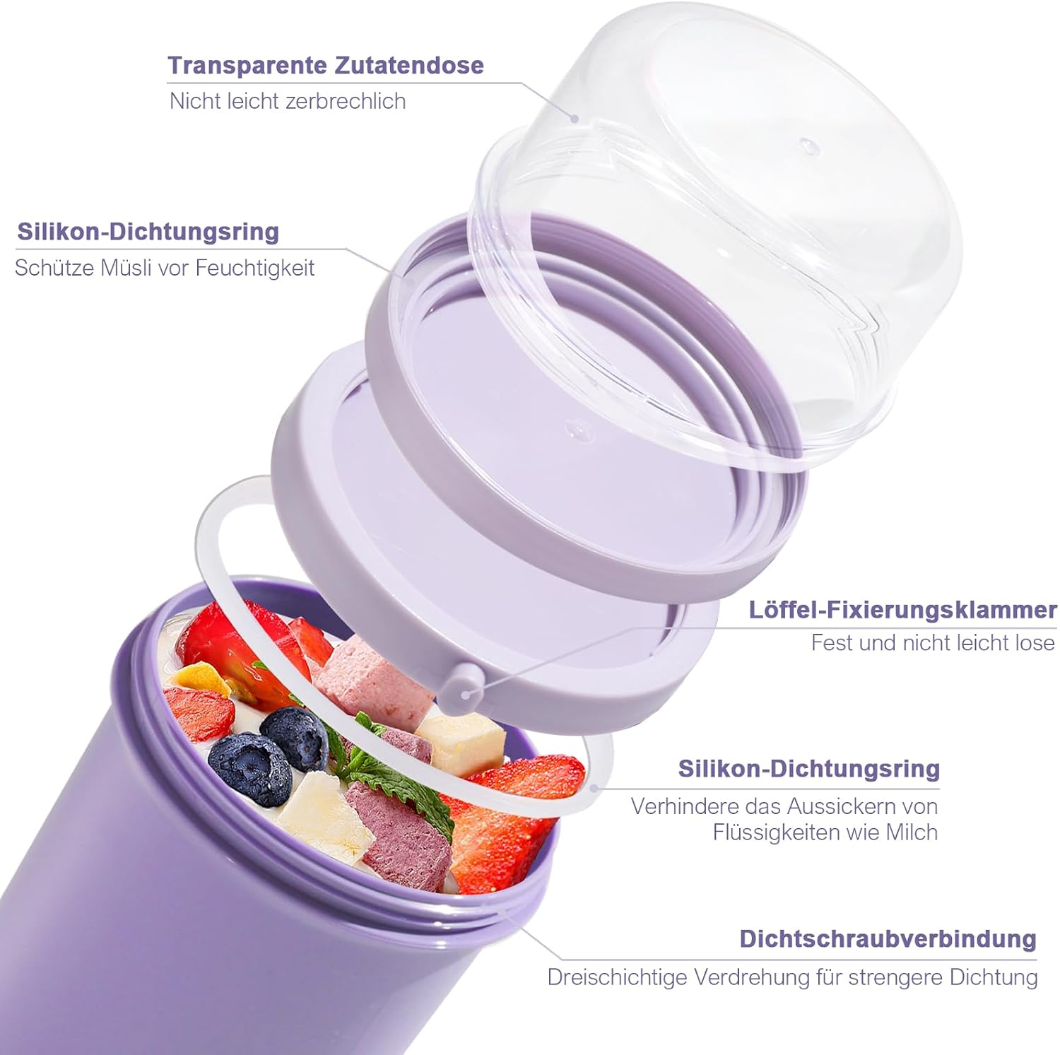 Thumbnail 1 de Swkien Müslibecher to Go: Joghurt- & Müslibecher mit Auslaufschutz, 450 ml + 250 ml (Vivid Lilac)