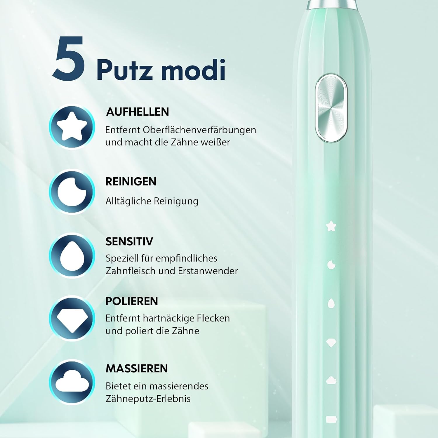 Detalle de DADA-TECH Schallzahnbürste mit 5 Putzmodi, Timer und 9 Zahnbürstenköpfen (Grün)