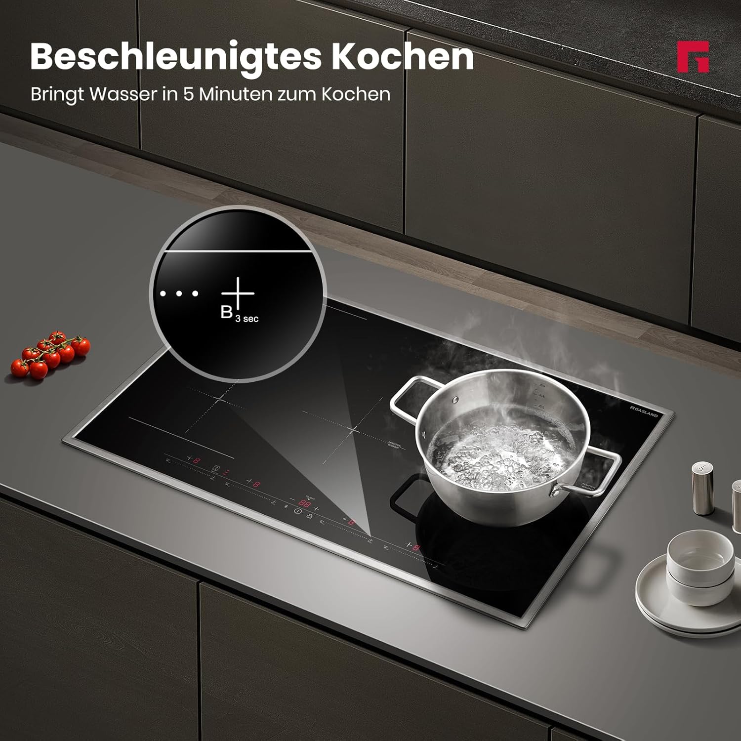 Thumbnail 3 de GASLAND IH774BFB Plaque de cuisson induction encastrable 77 cm – 4 foyers, cadre inox, zone BBQ