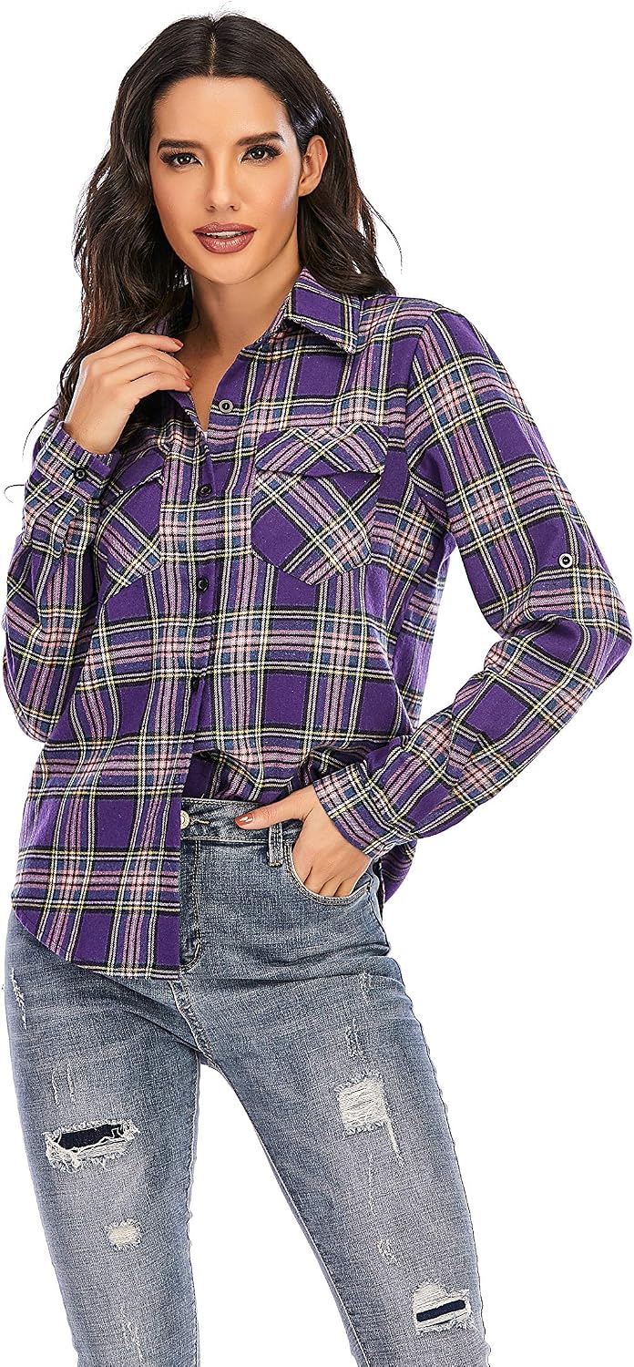 Detalle de 100% Cotton Women’s Flannel Plaid Shirt Blouse, Long Sleeve Button-Down Check Shirt (Boyfriend Casual Fit)