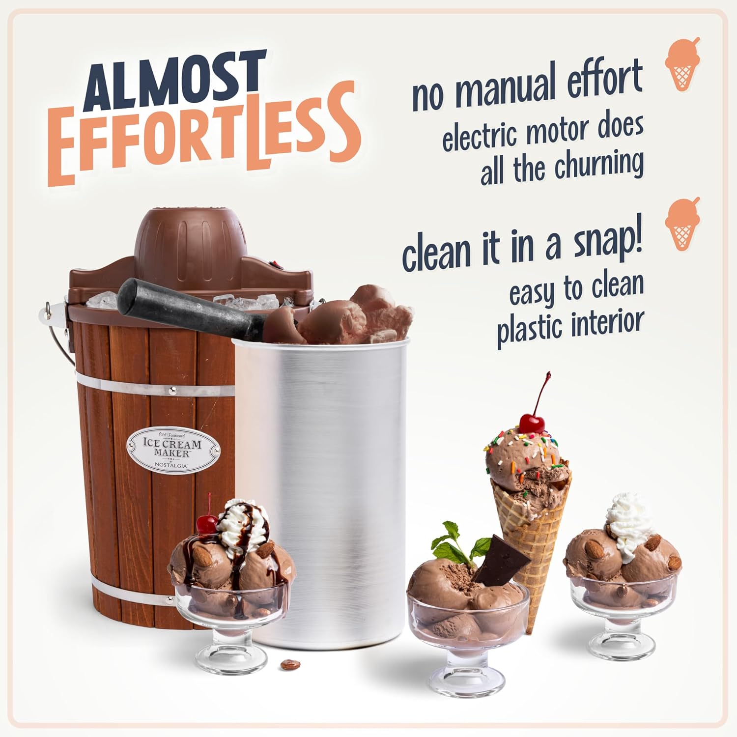 Detalle de Nostalgia Electric Ice Cream Maker with 6 Qt Capacity (Dark Wood)
