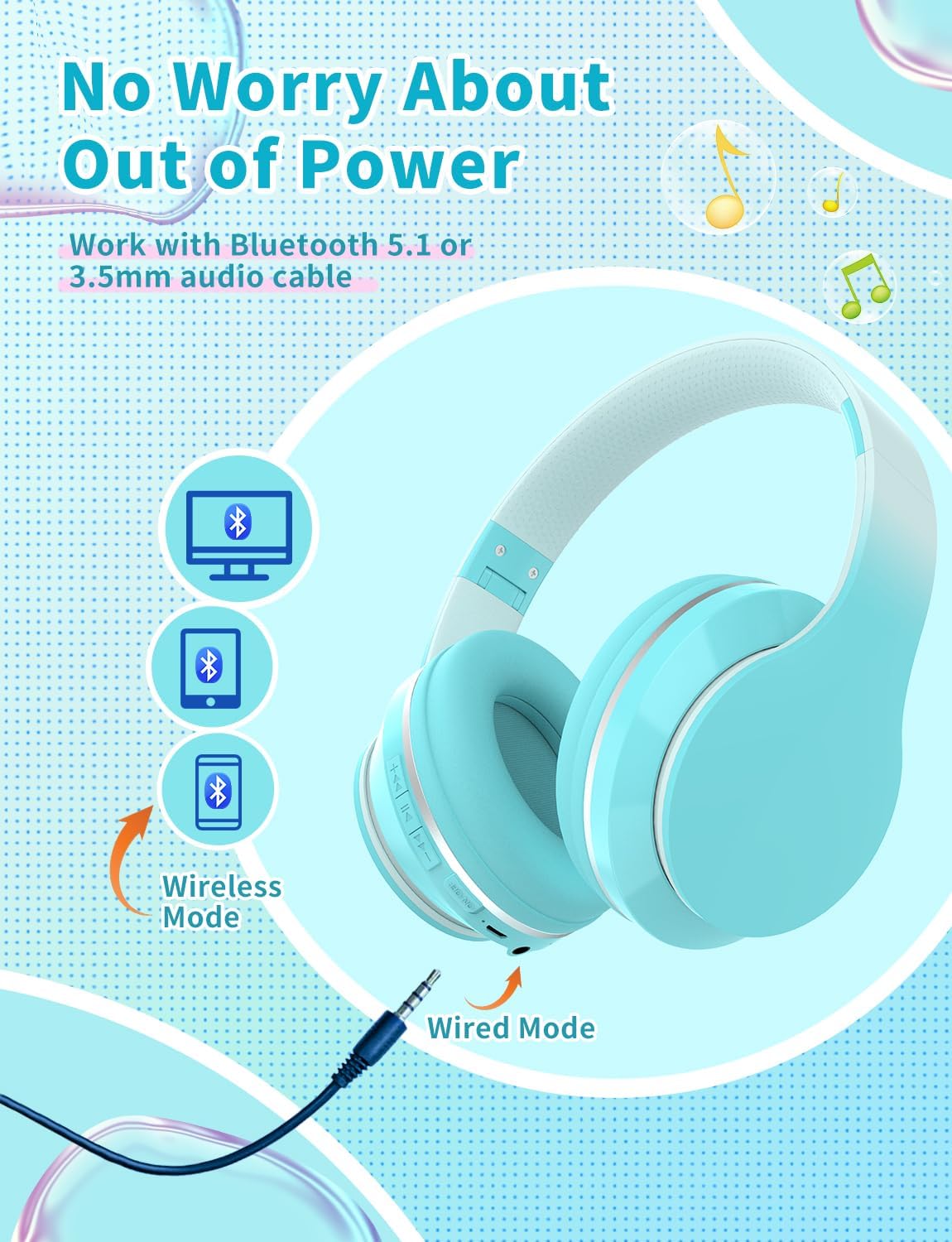 Thumbnail 1 de Bluetooth Kids Headphones: Wireless On-Ear Headset with 40mm Drivers, BT 5.1, 10h Battery, Foldable & Adjustable (Green)