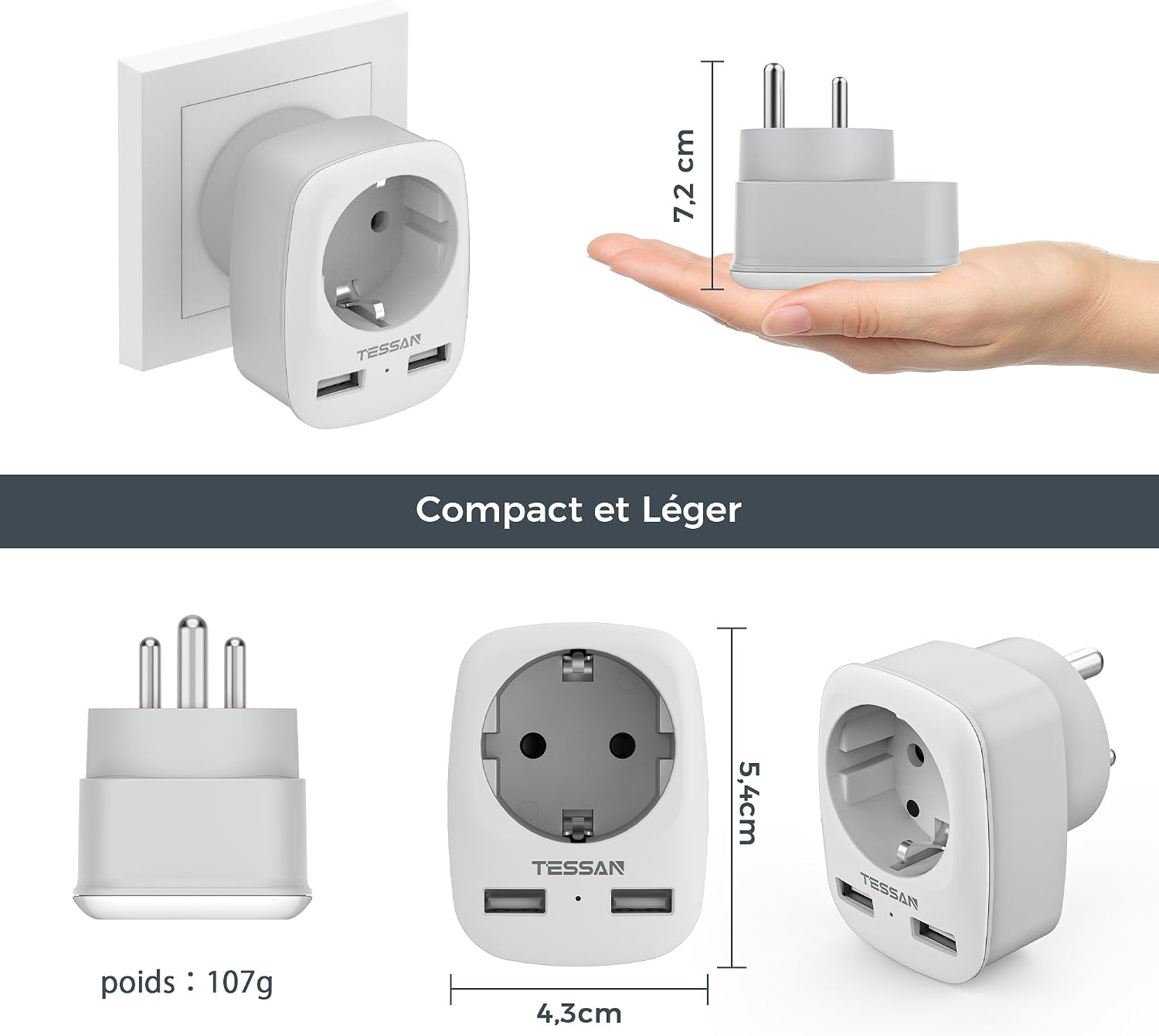 Thumbnail 6 de TESSAN Pack de 2 adaptateurs prise Inde Type D avec 2 USB (3 en 1) pour Inde, Sri Lanka et Népal
