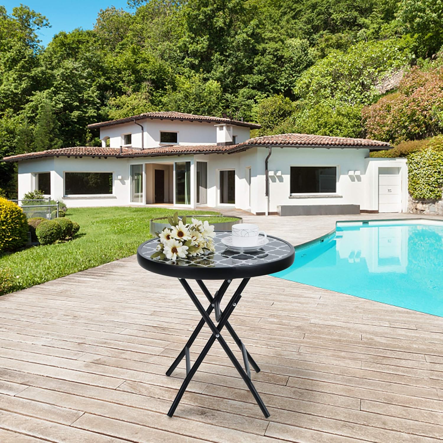 Detalle de PHI VILLA Folding Side Table (Black Grid) – Tempered Glass Outdoor & Indoor Folding Table