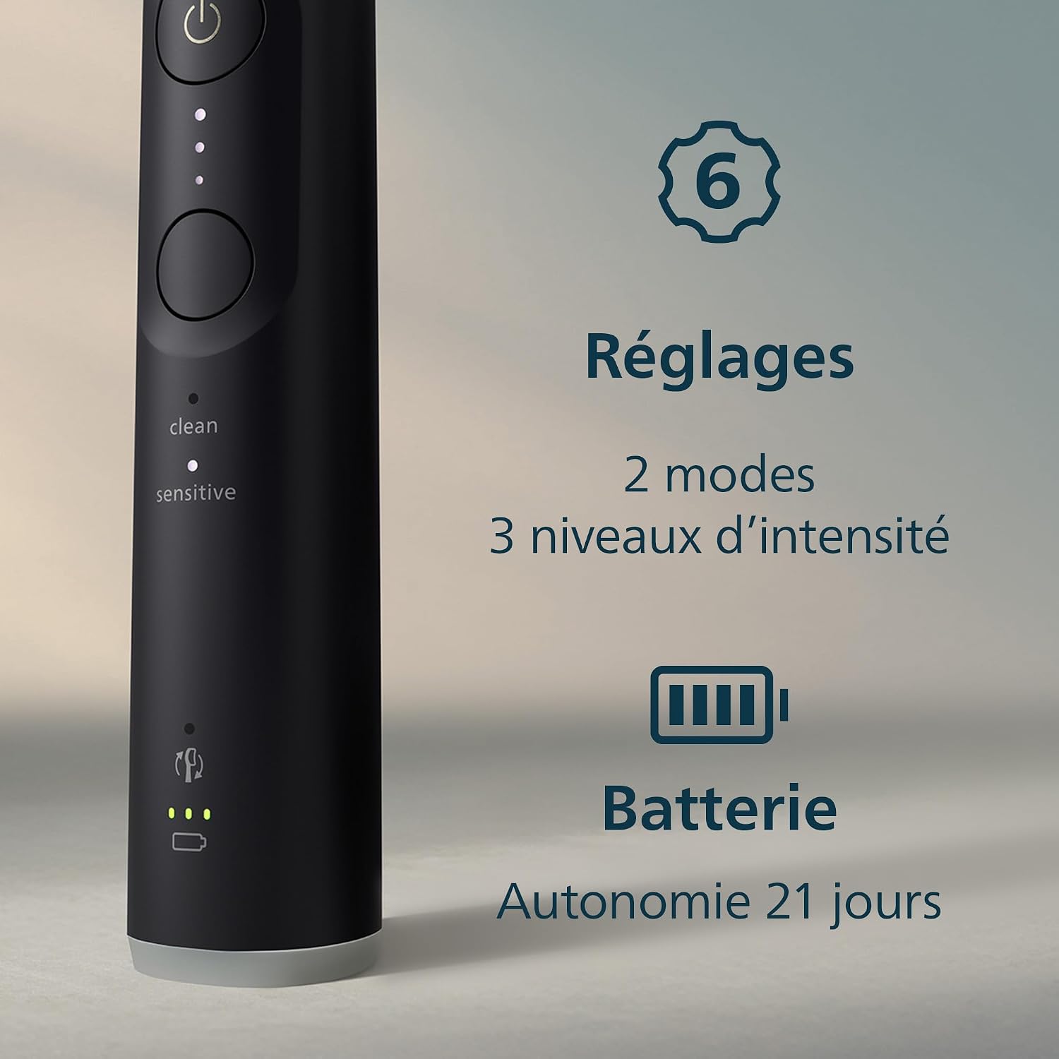 Detalle de Philips Sonicare série 6100 HX7401/12 — brosse à dents électrique noire, 6 réglages et autonomie 21 jours