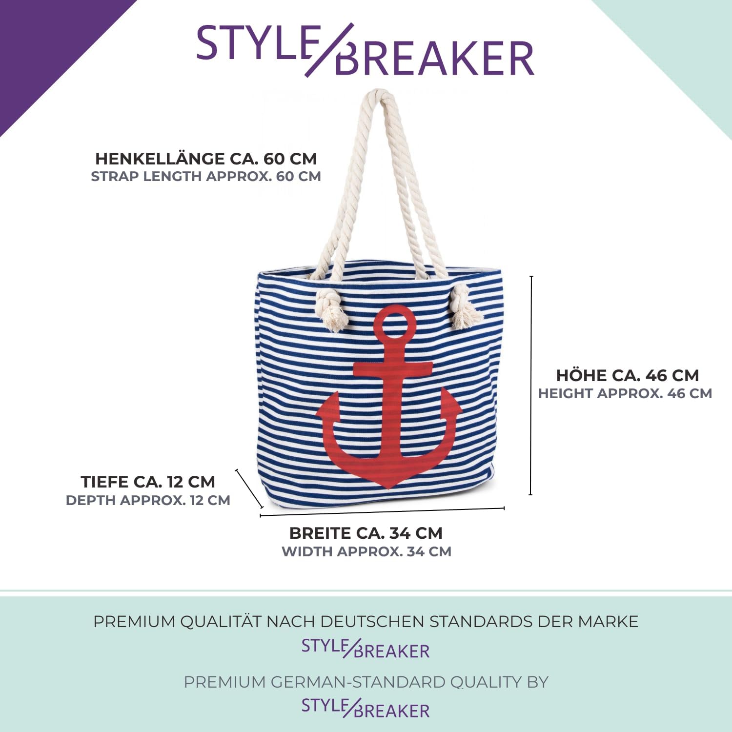 Detalle de StyleBREAKER borsone da spiaggia a righe con ancora – blu-bianco/oro, 46 x 34 x 12 cm