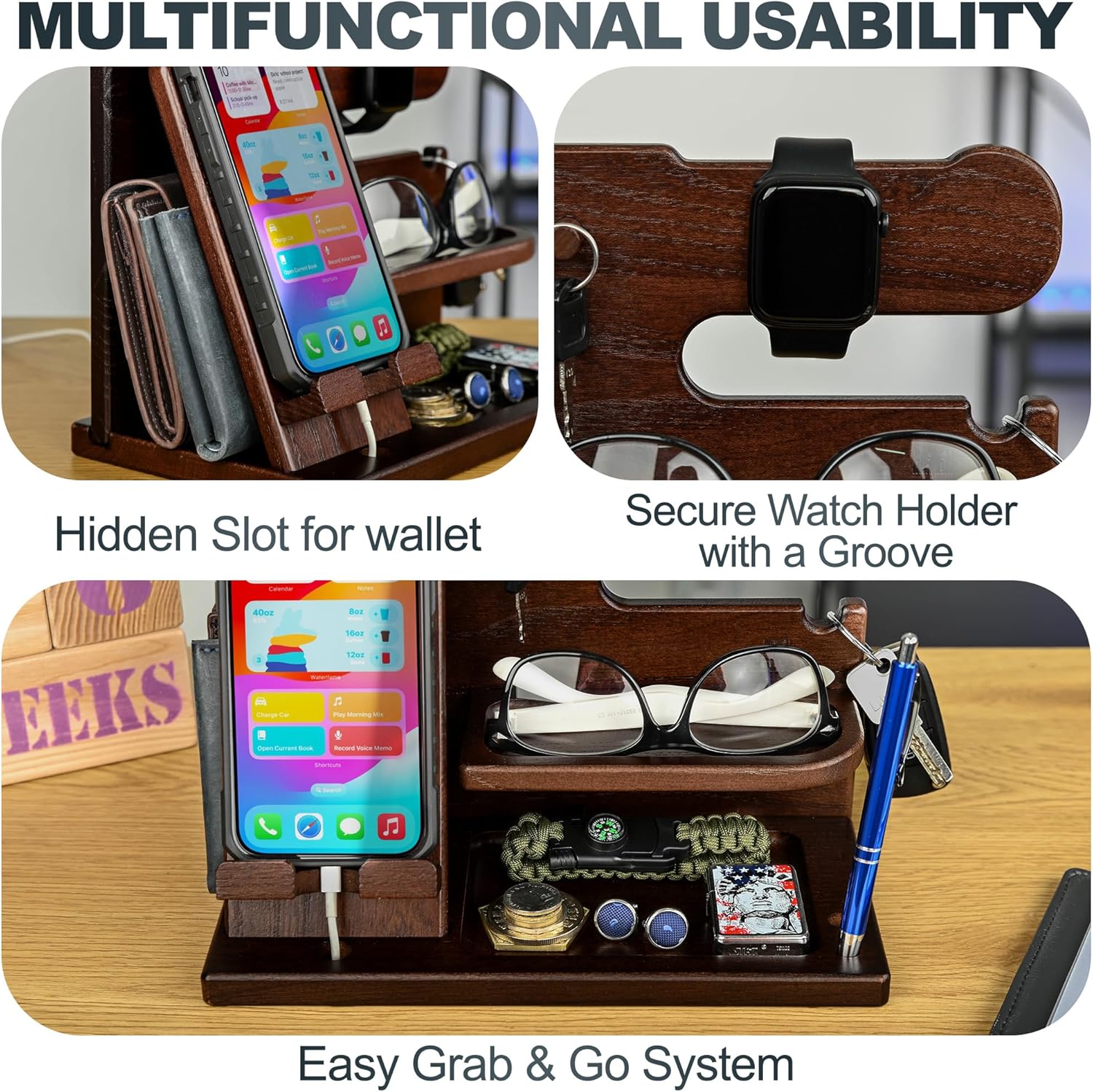 Thumbnail 5 de Teslyar Gifts for Men Wood Phone Docking Station – Solid Nightstand Organizer
