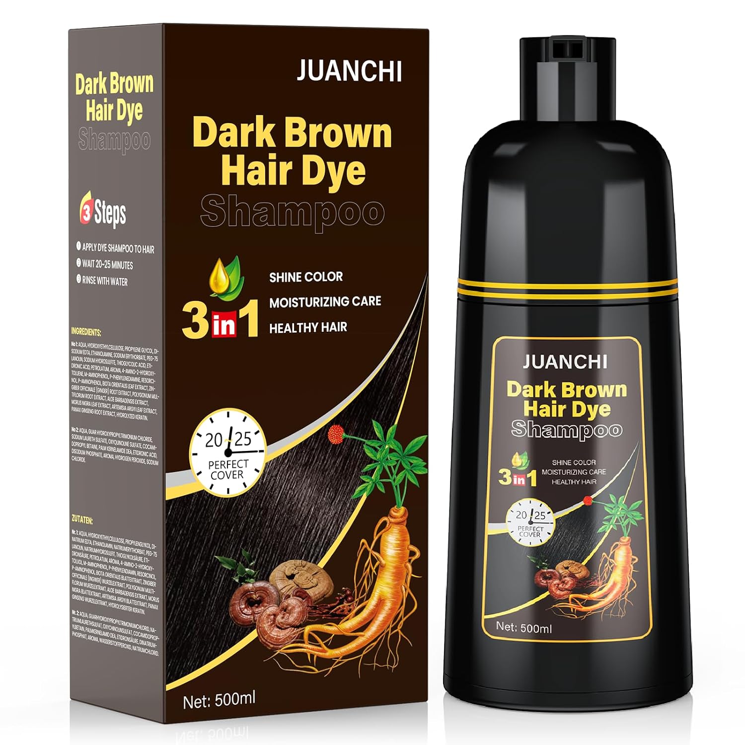 Detalle de JUANCHI Dunkelbraunes Haarfärbeshampoo für Graues Haar – 500 ml
