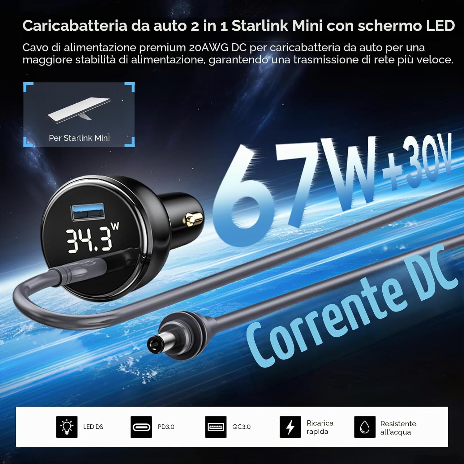 Detalle 2 de XLTTYWL Starlink Mini Adattatore 12V — Convertitore DC-DC 144W con cavo 5×2,1 mm (3 m) per Starlink Dishy