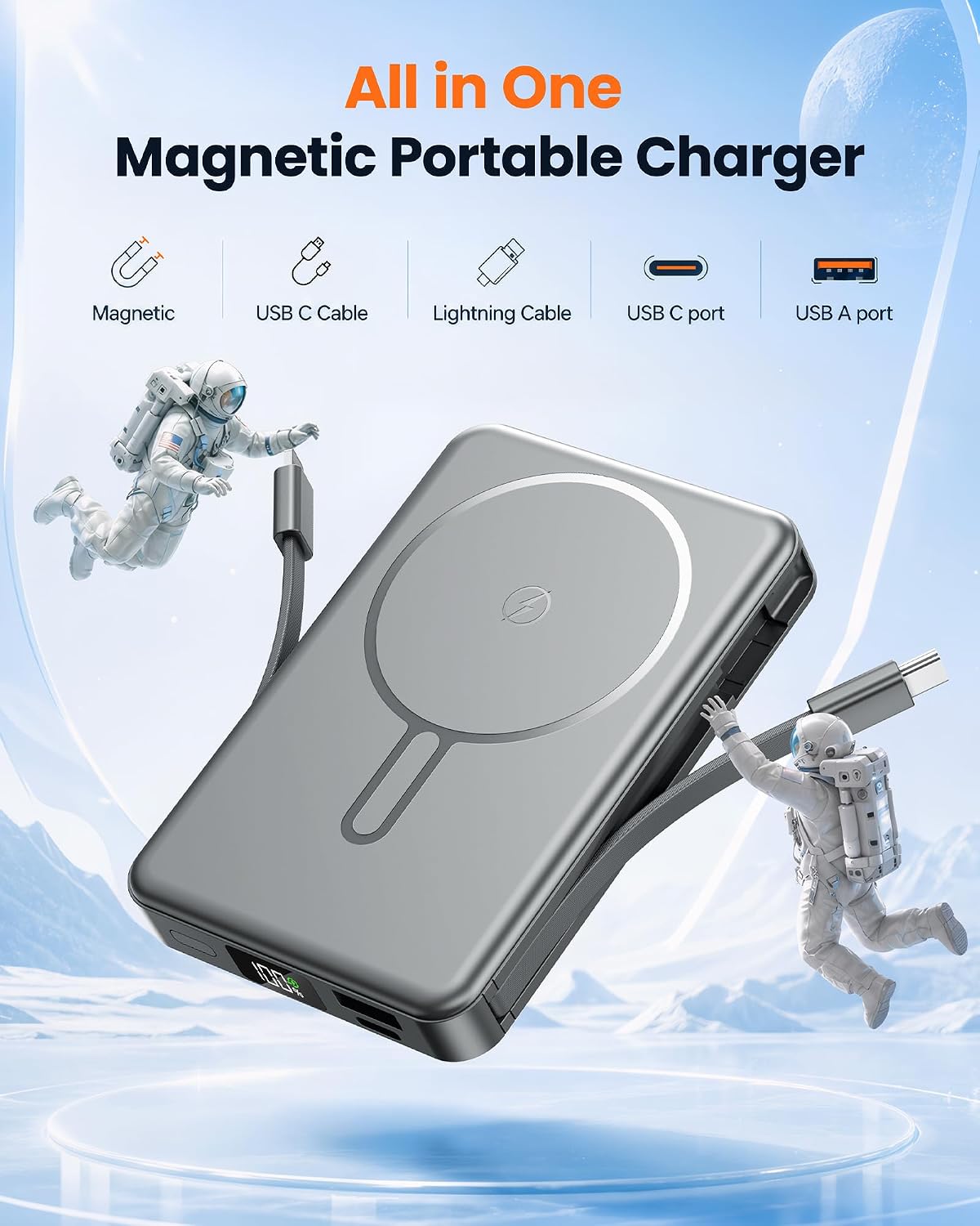 Detalle de RONEGN MC100 Magnetic Power Bank, 10,000mAh, 15W Wireless, Built-In Cables