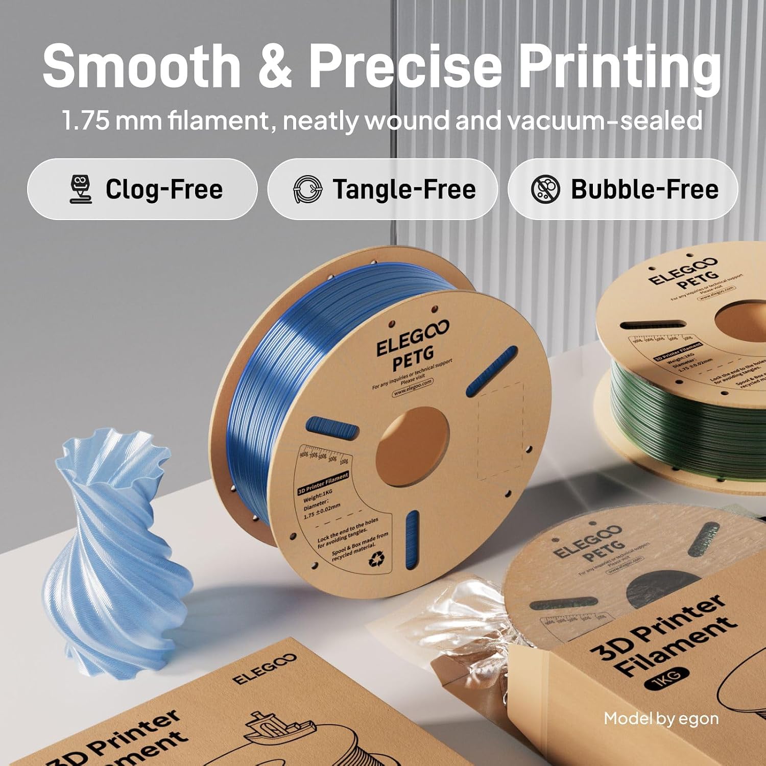 Detalle de ELEGOO PETG Filament 1.75mm Transparent Grey (1kg spool) for FDM 3D printers