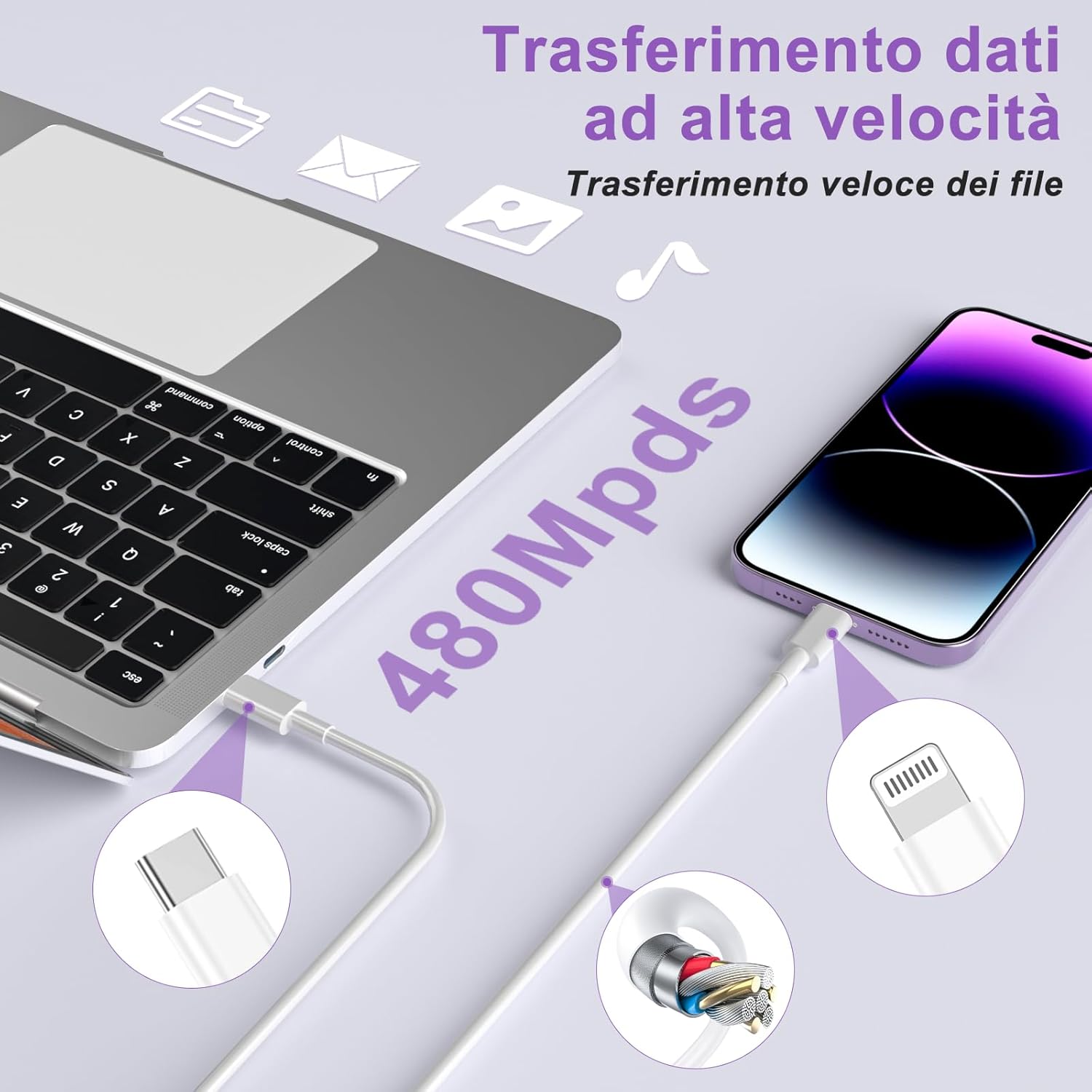 Detalle de Caricatore USB-C 20W con cavo Lightning MFi da 2 m in confezione doppia