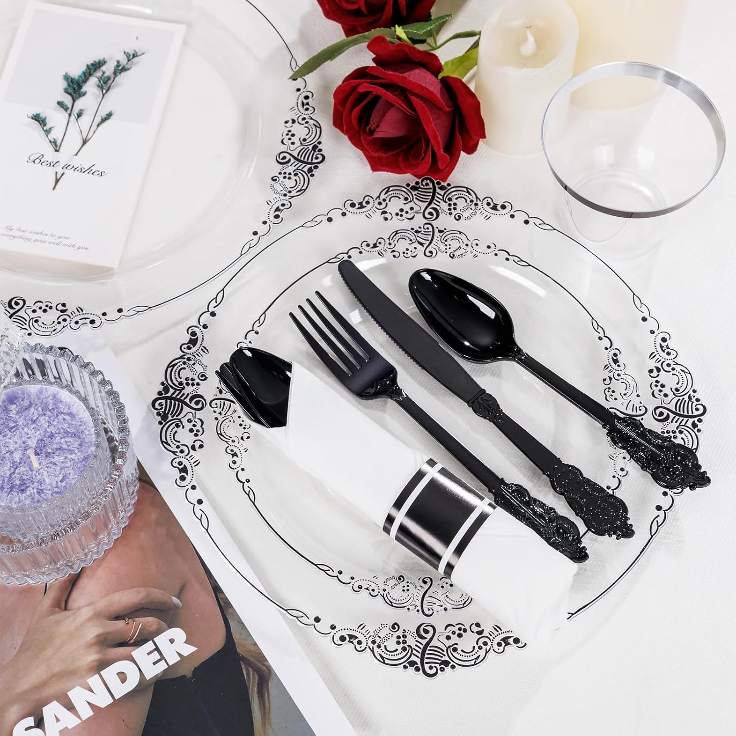 Detalle de Hioasis 350pcs Clear and Black Plates — Black Baroque Party Set for 50 Guests