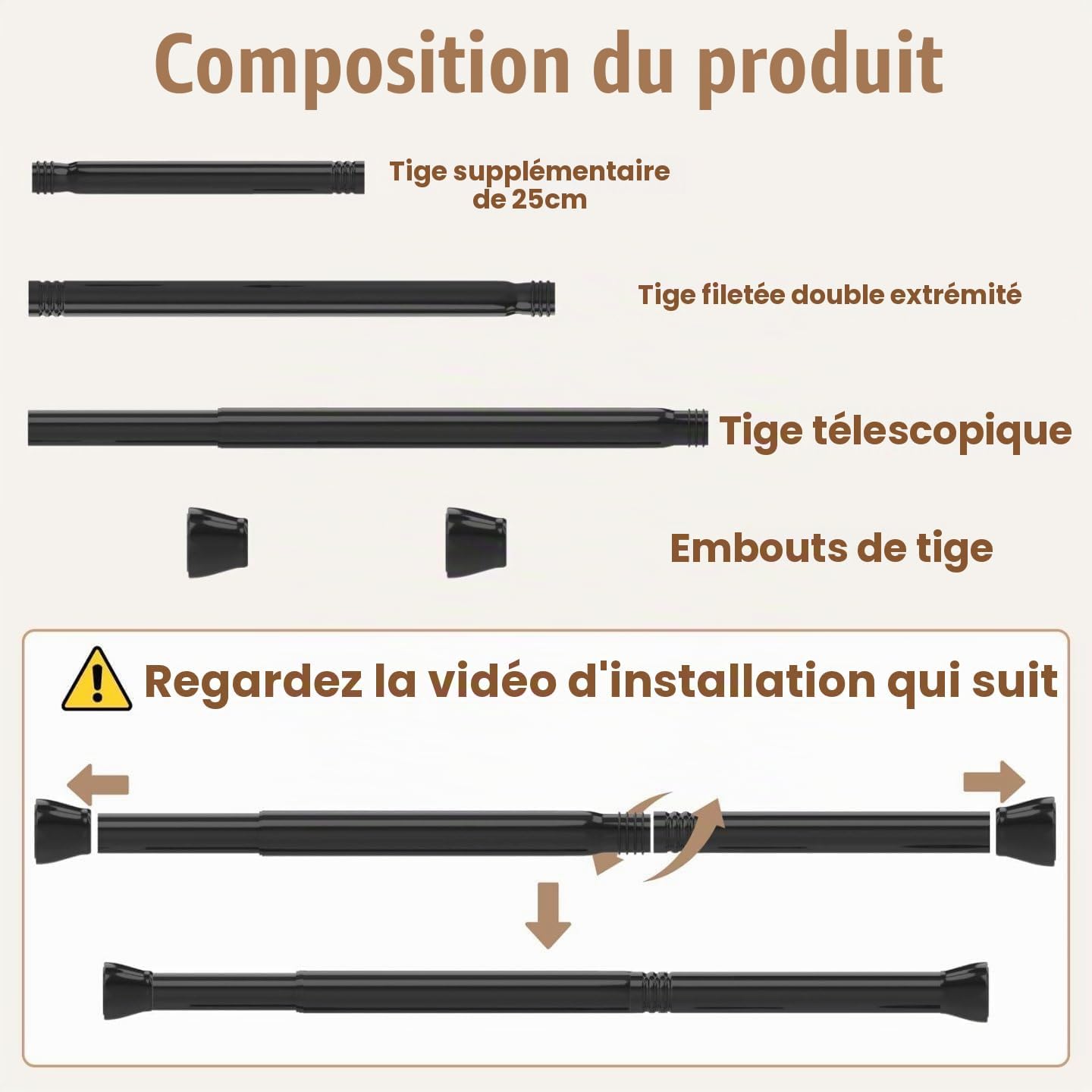 Detalle de Rod&Trikin uitschuifbare gordijn- en douchestang, wit, 85-265 cm, Ø 32 mm