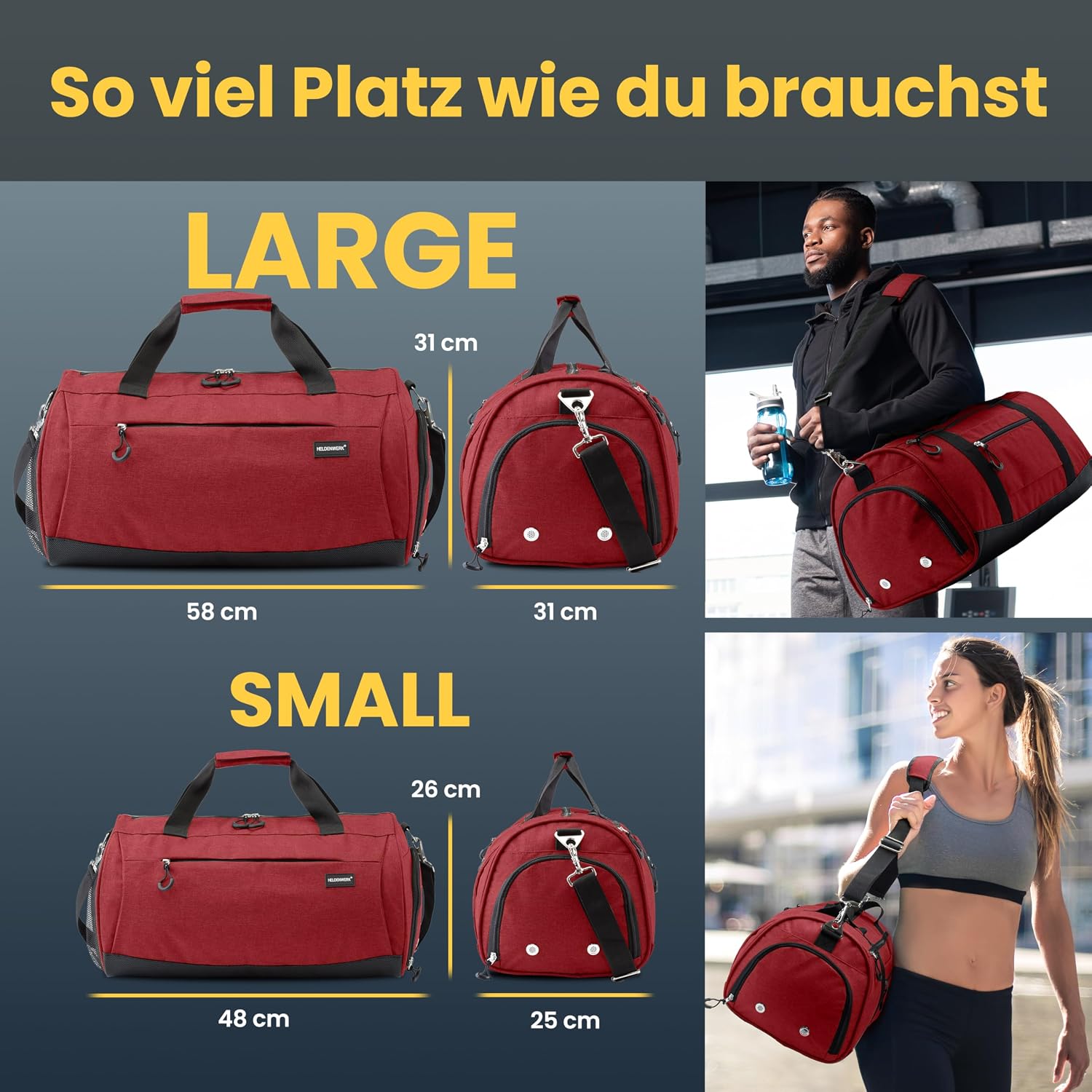 Detalle 2 de Heldenwerk Sporttasche & Reisetasche (groß) mit Schuhfach und Nassfach – Trainingstasche 2‑in‑1