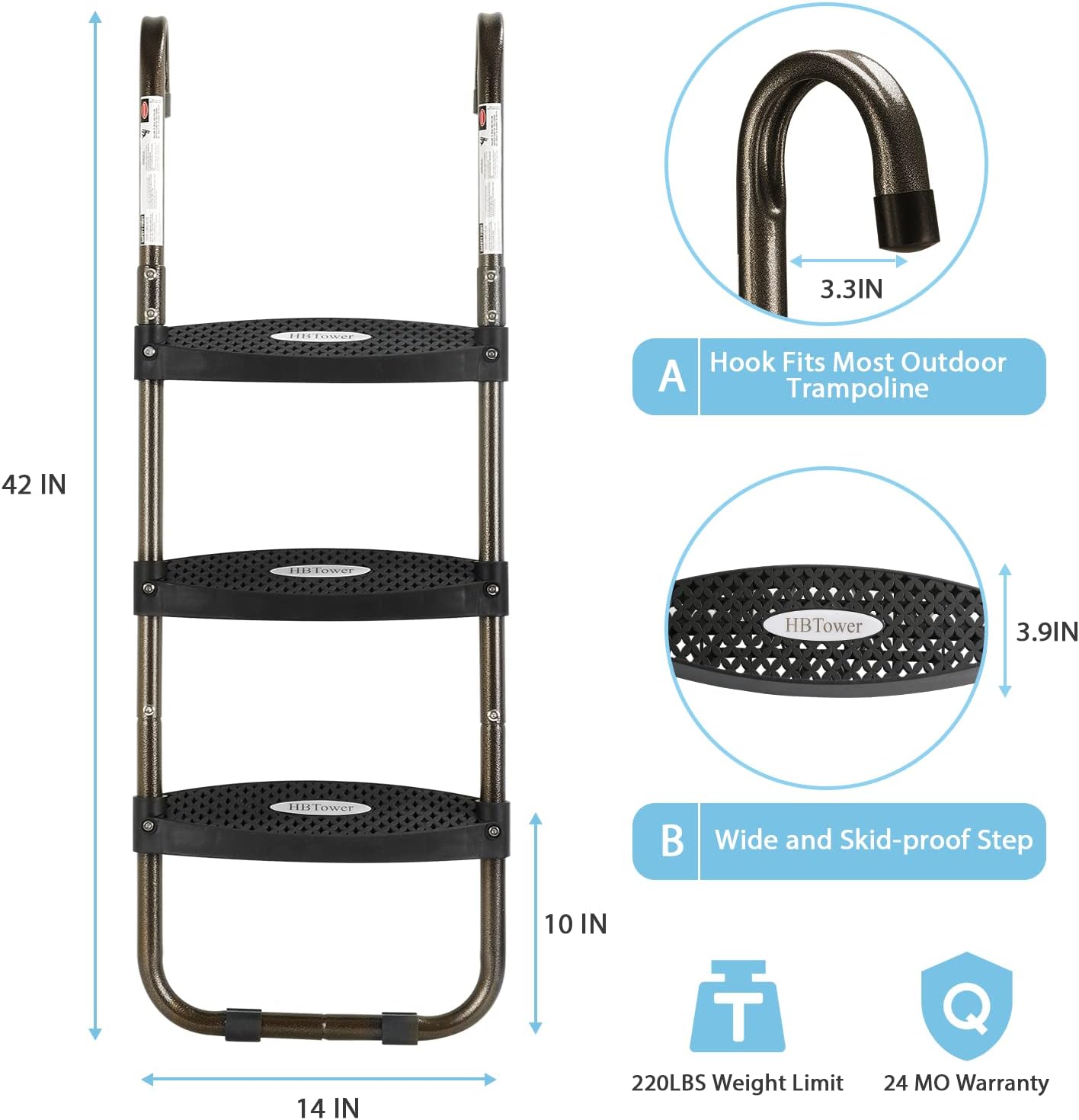 Detalle de HBTower Trampoline Ladder: 3-Step Wide, Skid-Proof Access for Safe Kid Climbing
