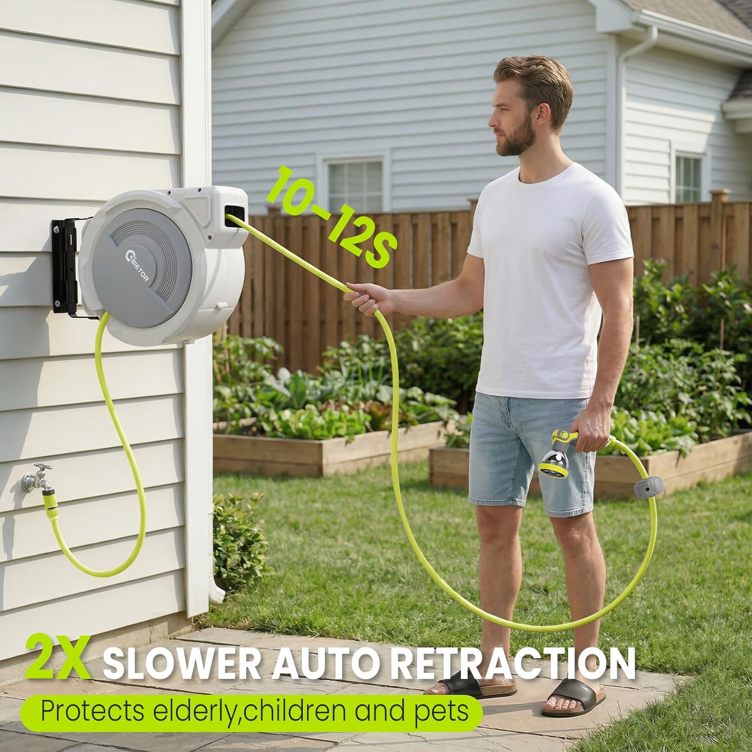 Thumbnail 4 de Bietor Retractable Garden Hose Reel (20m + 2m Lead) with 10-Pattern Nozzle, 180° Wall Mount, UV-Resistant & Slow Return