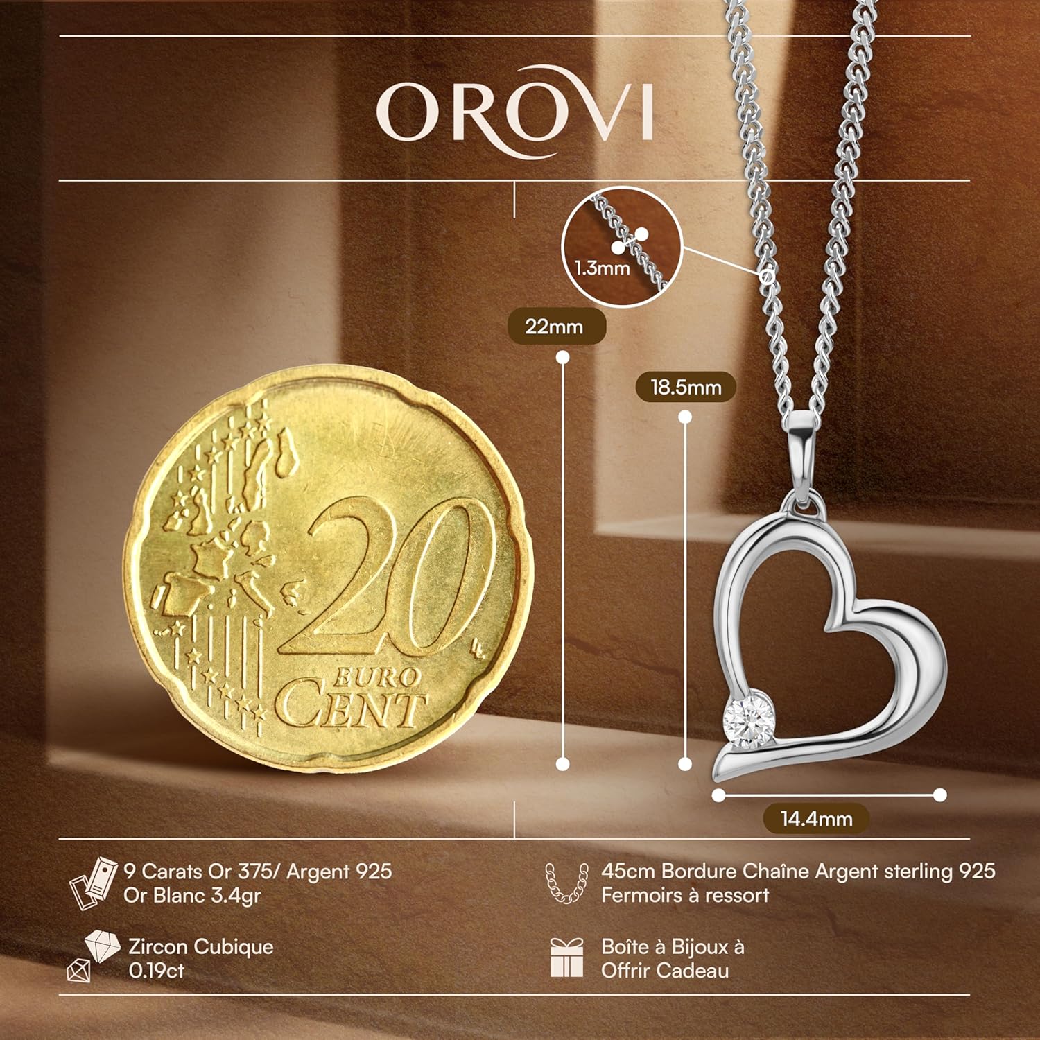 Thumbnail 1 de Orovi Collier Femme Or Jaune/Blanc avec Penditif Cœur et Zirconium – 9 Carats, 45 cm