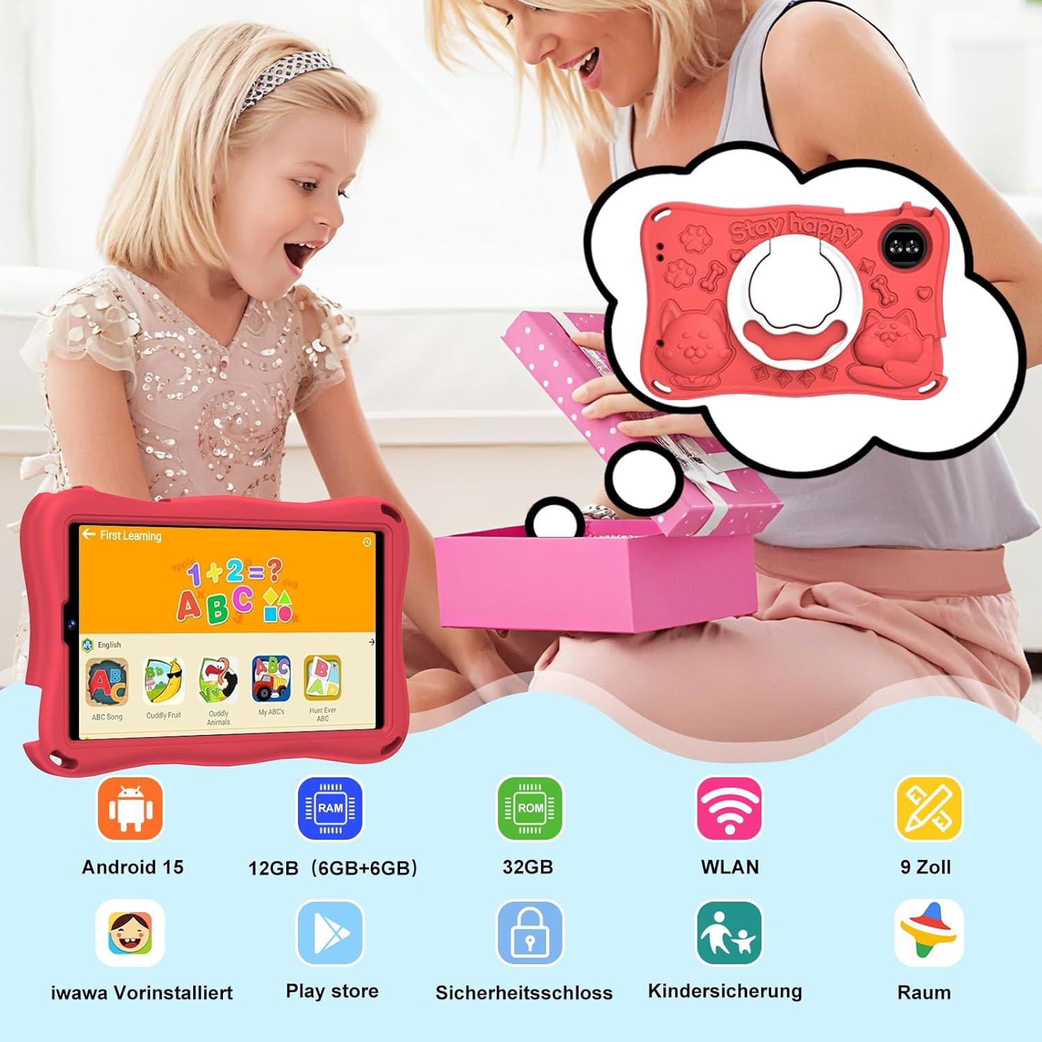 Detalle de SUAAT Kinder Tablet 9 Zoll – Android 15, Octa-Core, 12/30GB Speicher, TF bis 2TB, 5G WLAN, Face ID, Kindersicherung, EVA Case Rot