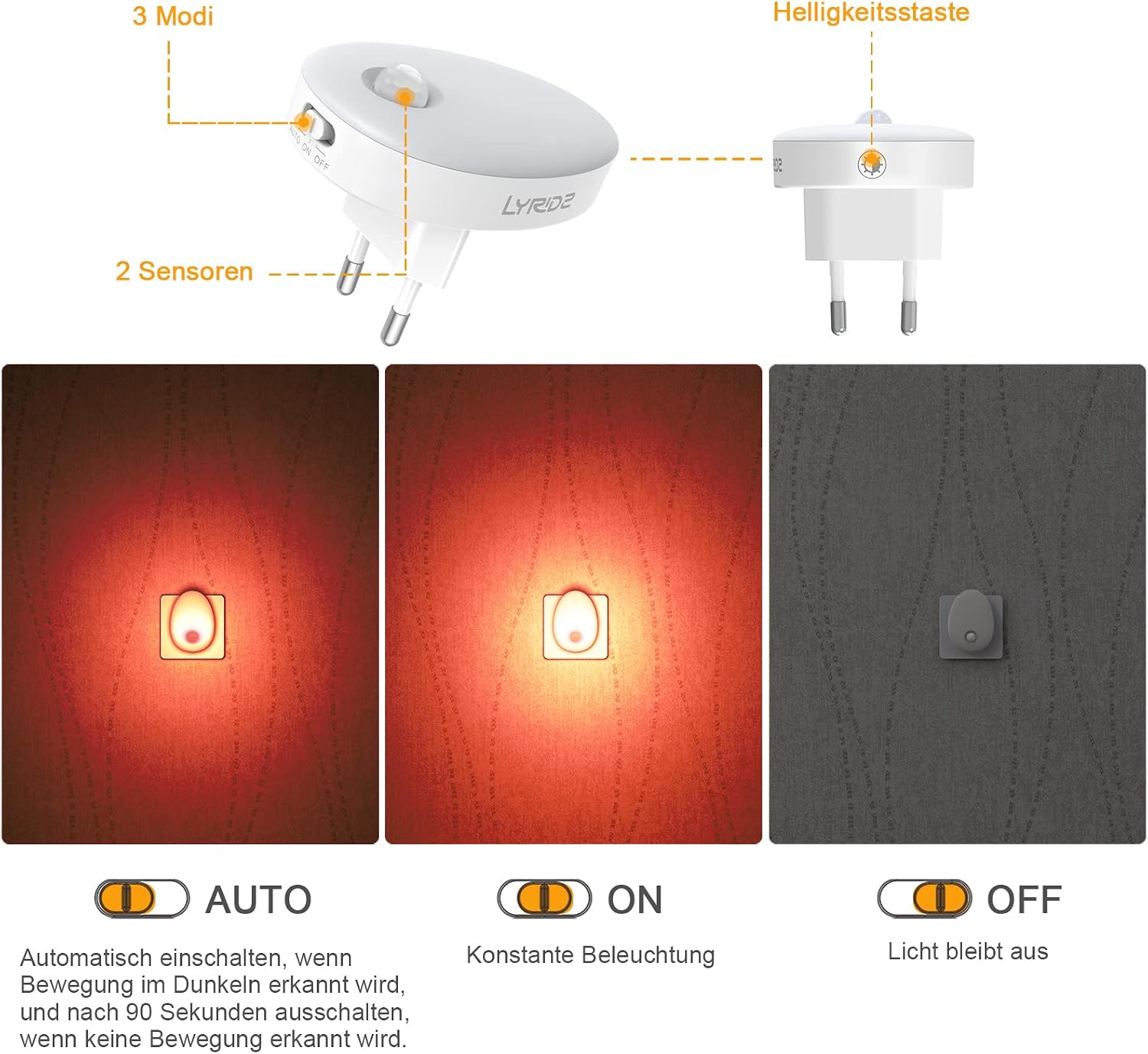 Detalle 2 de Lyridz Nachtlicht-Steckdose mit Bewegungsmelder (dimmbar), Plug-in Rot – 2er-Set für Kinderzimmer, Flur & Küche