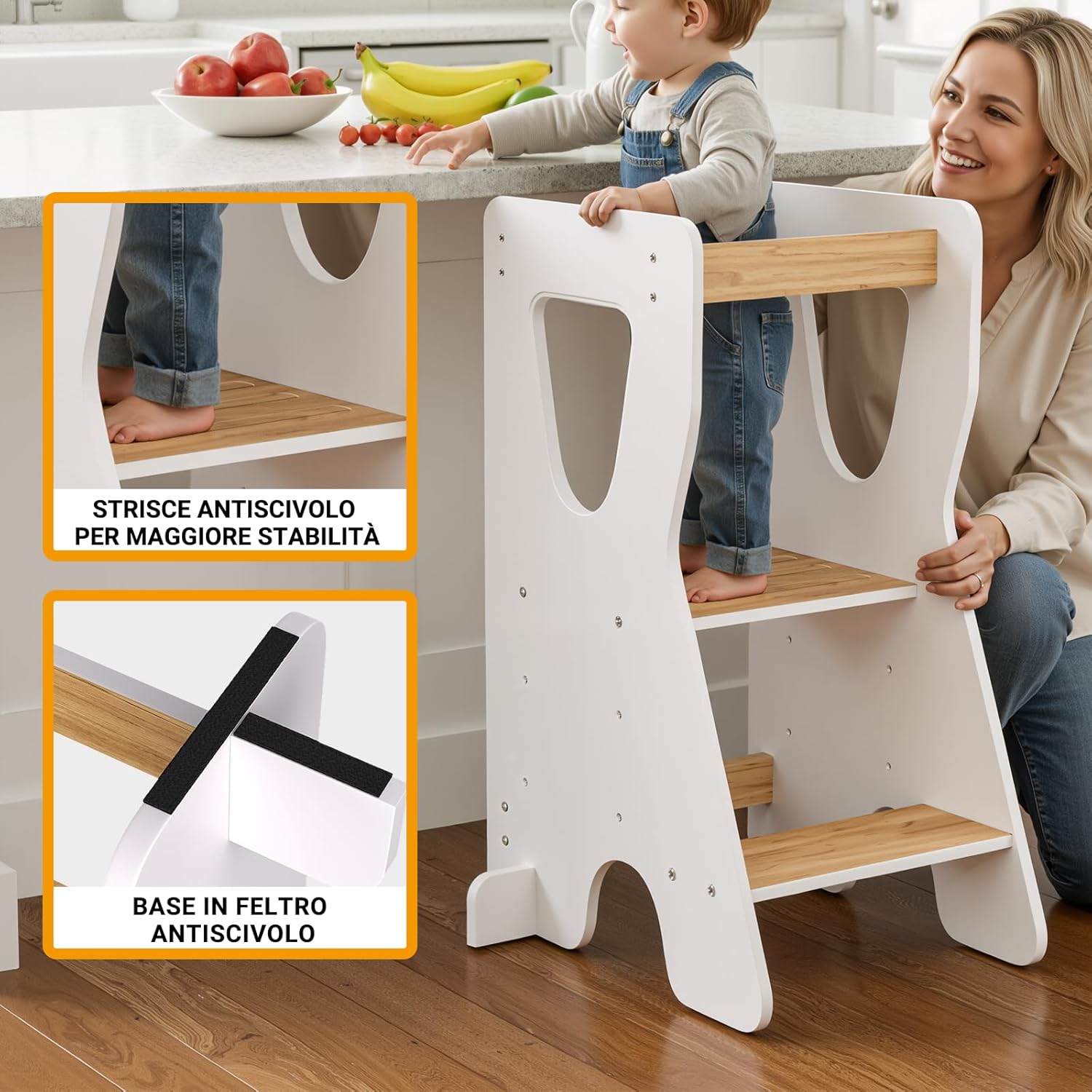 Detalle 2 de COSYLAND Torre Montessoriana Bambini - Torretta in Legno Naturale, 3 Altezze Regolabili, Bianco e Naturale