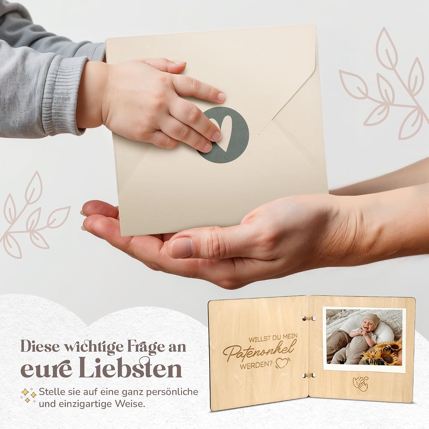 Detalle de Patenonkel fragen Holzbuch mit Umschlag & Siegel – Hochwertiges Geschenk für die werdende Patentante