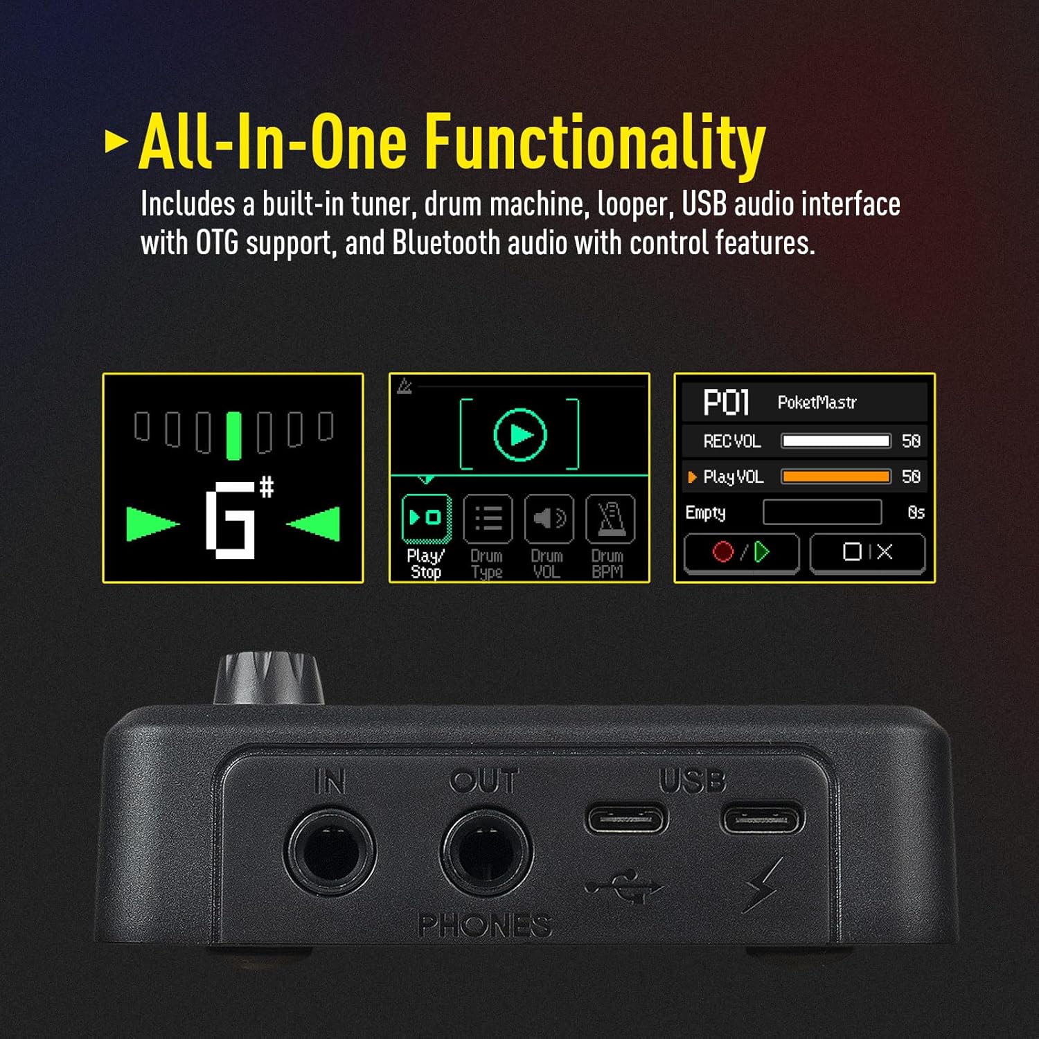 Detalle 2 de SONICAKE Pocket Master guitar & bass amp modelling multi-effects with IR cab simulation and stereo USB audio