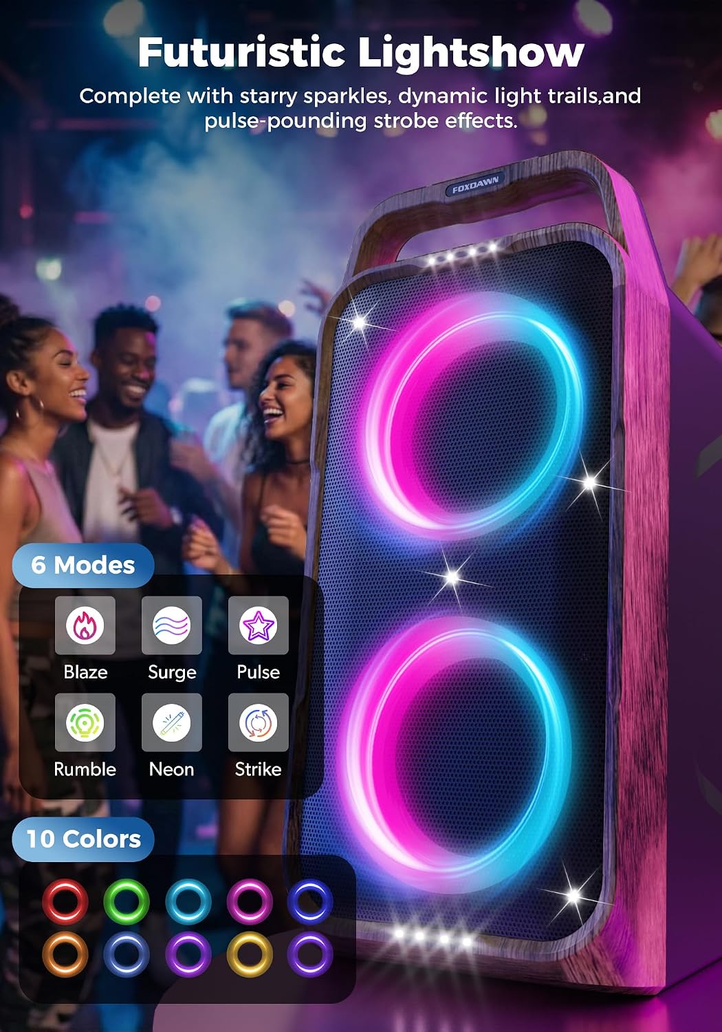 Thumbnail 2 de Foxdawn Portable Bluetooth Speaker: 240W Peak, Deep Bass, LED Light Show