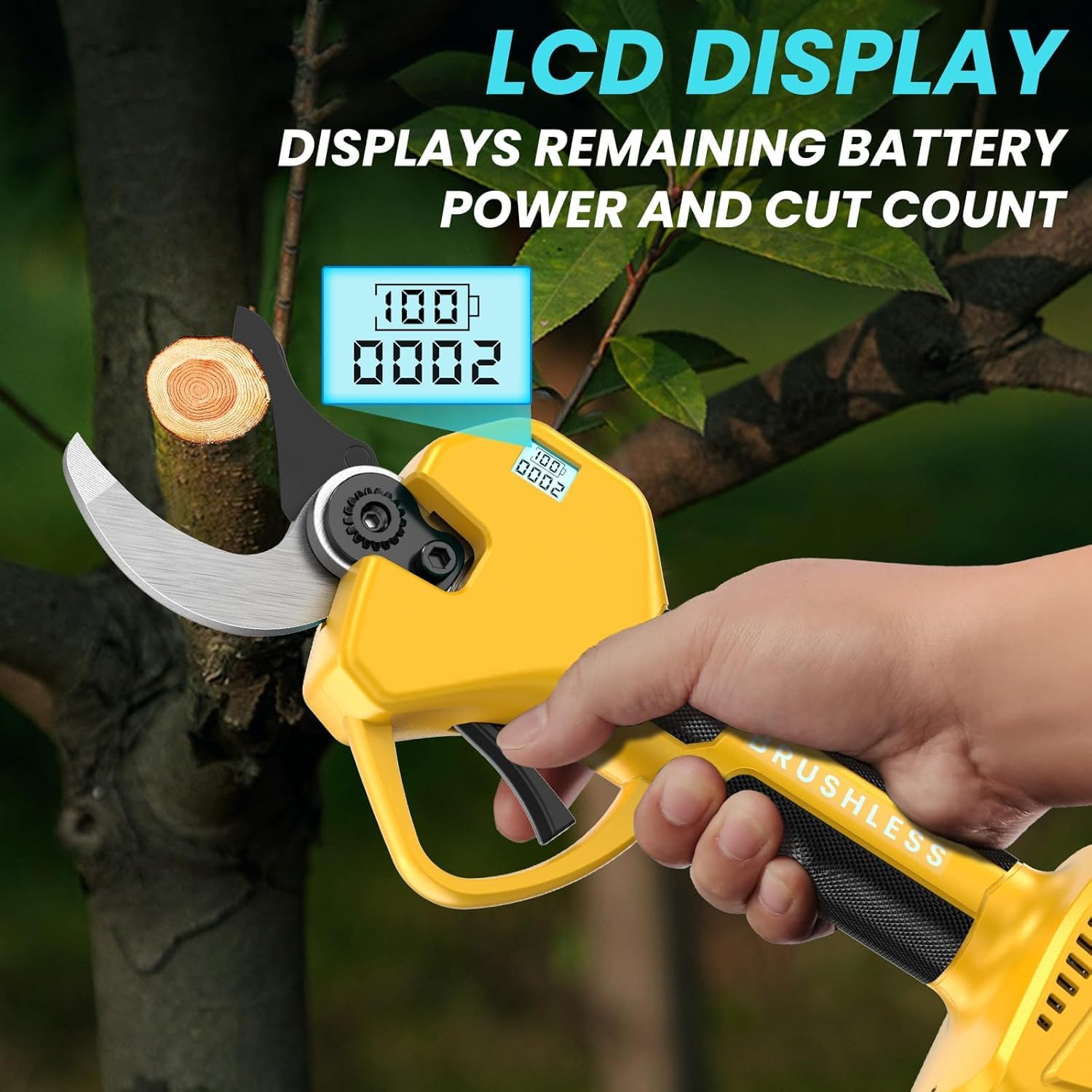 Detalle de Forbici per potatura a batteria cordless con motore brushless 1.000 W e batterie 2×2Ah