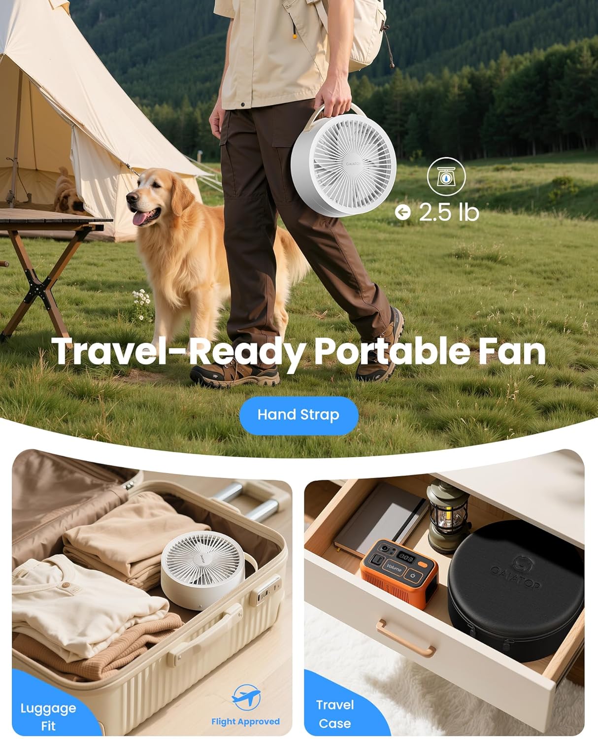 Thumbnail 5 de Gaiatop Portable Pedestal Fan 16000mAh Power Bank with LED Light – Foldable, 4-Speed, 270° Head Rotation
