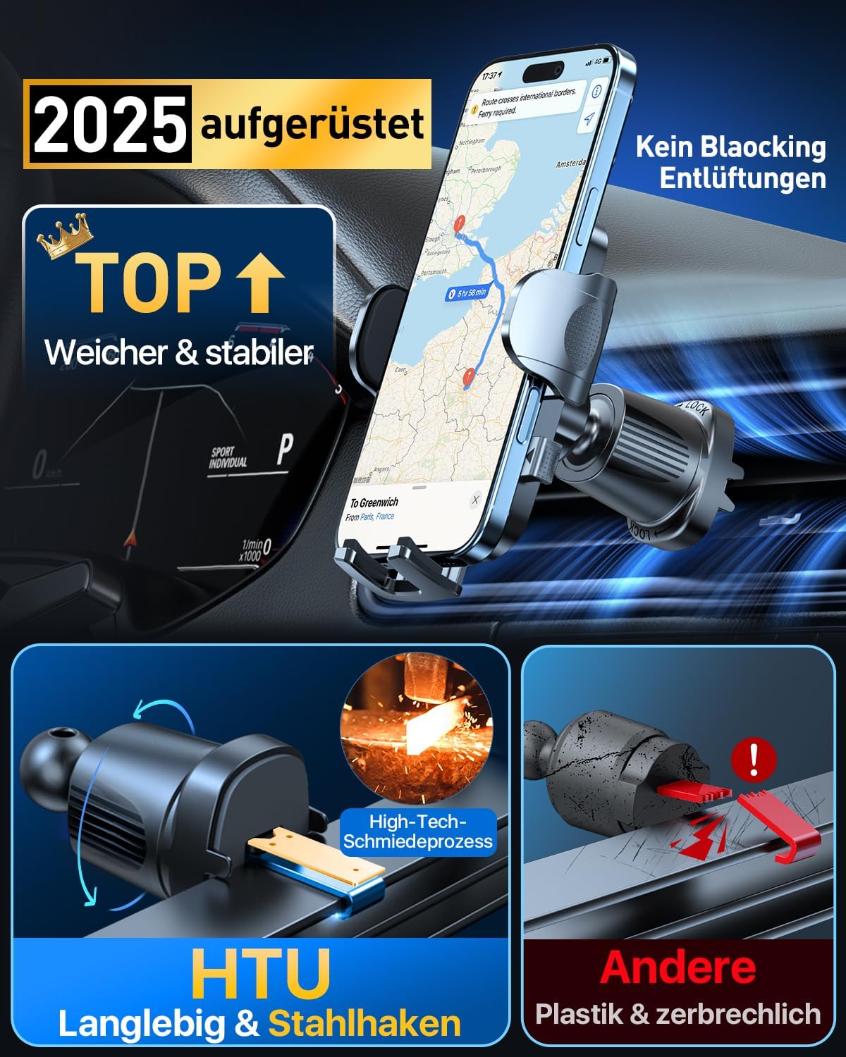 Thumbnail 4 de HTU 2026 KFZ-Handyhalterung mit Saugnapf & Lüftungshaken, 360° drehbar am Armaturenbrett/Scheibe – Grau