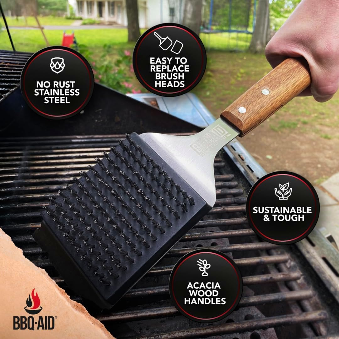 Thumbnail 5 de BBQ-Aid BBQ-AID Grill Brush and Scraper, 17-Inch Acacia Handle, Replaceable Stainless Steel Head